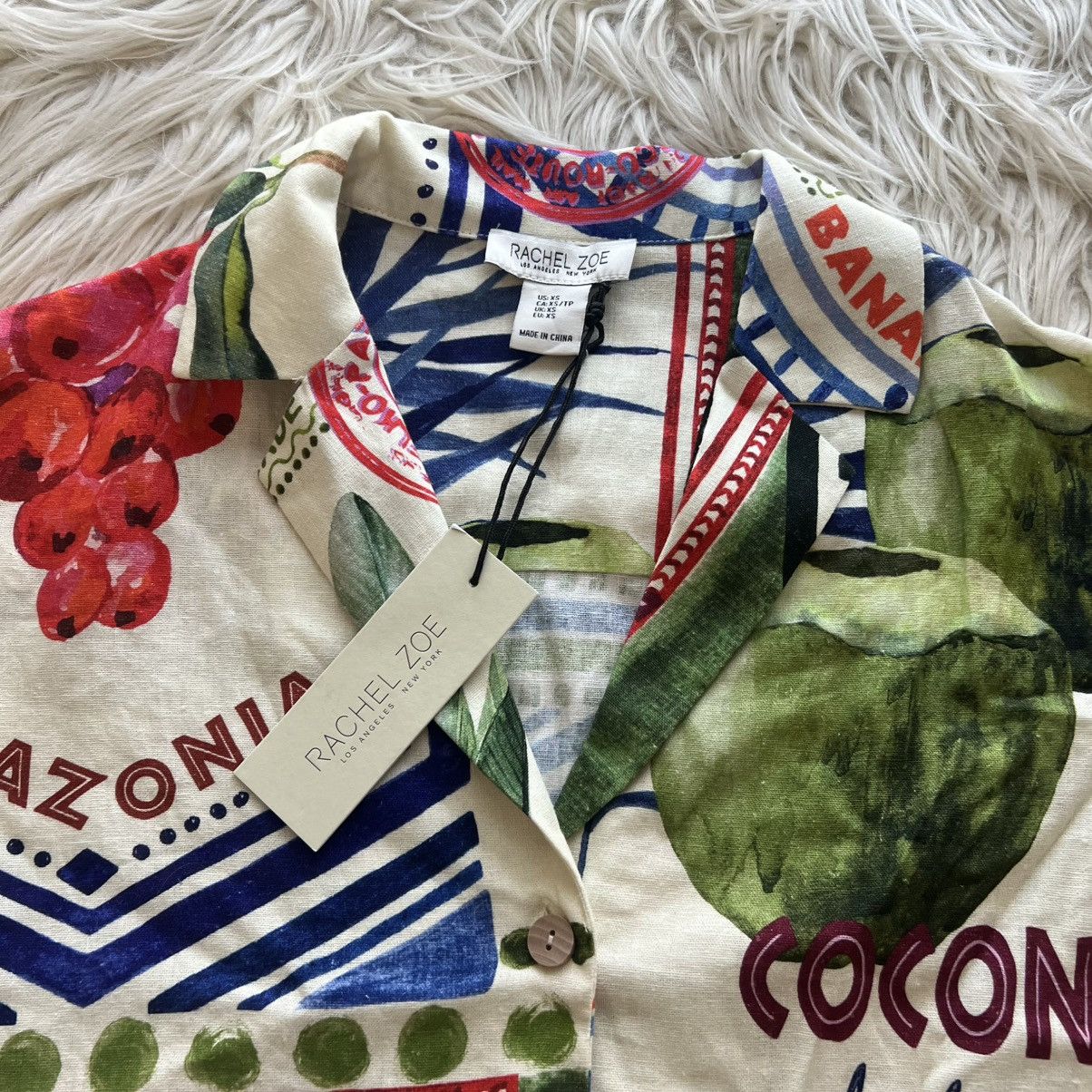 Rachel Zoe Rachel Zoe Linen Top Hawaiian Shirt Boxy Tropical Fruit XS Size XS / US 0-2 / IT 36-38 - 3 Thumbnail