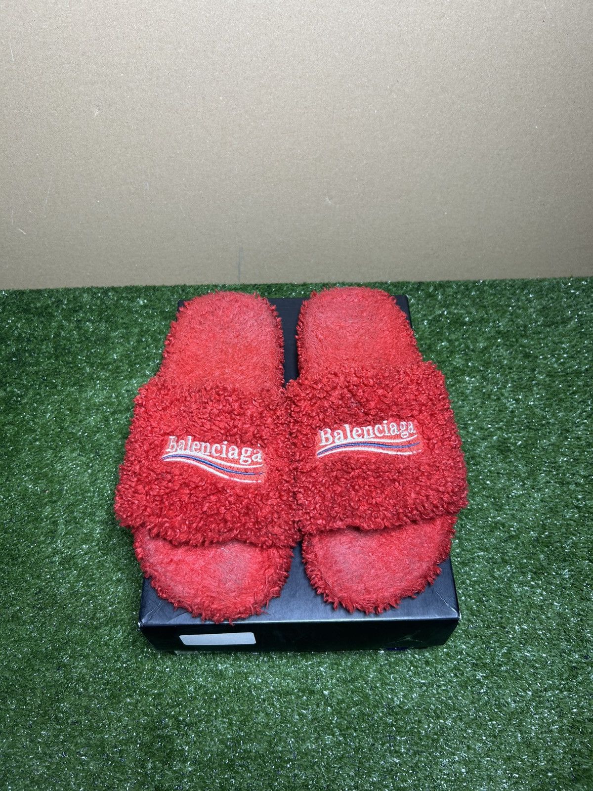Balenciaga furry slides red