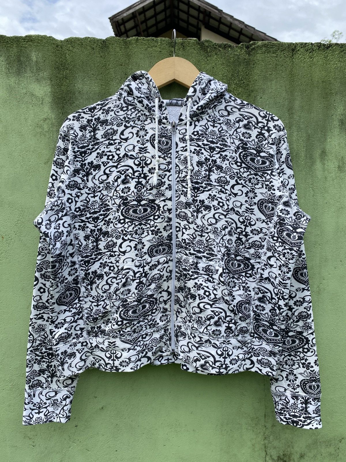 Vintage N.W.D Y2K Black White Paisley Full Zip Hoodie All Over Print Size L / US 10 / IT 46 - 1 Thumbnail