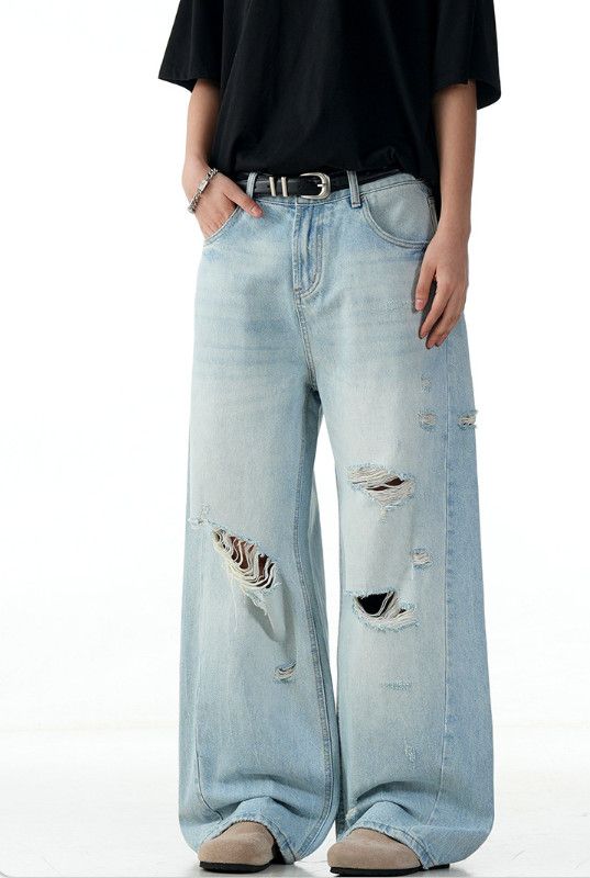Jean American retro washed blue ripped straight jeans Size US 32 / EU 48 - 3 Thumbnail
