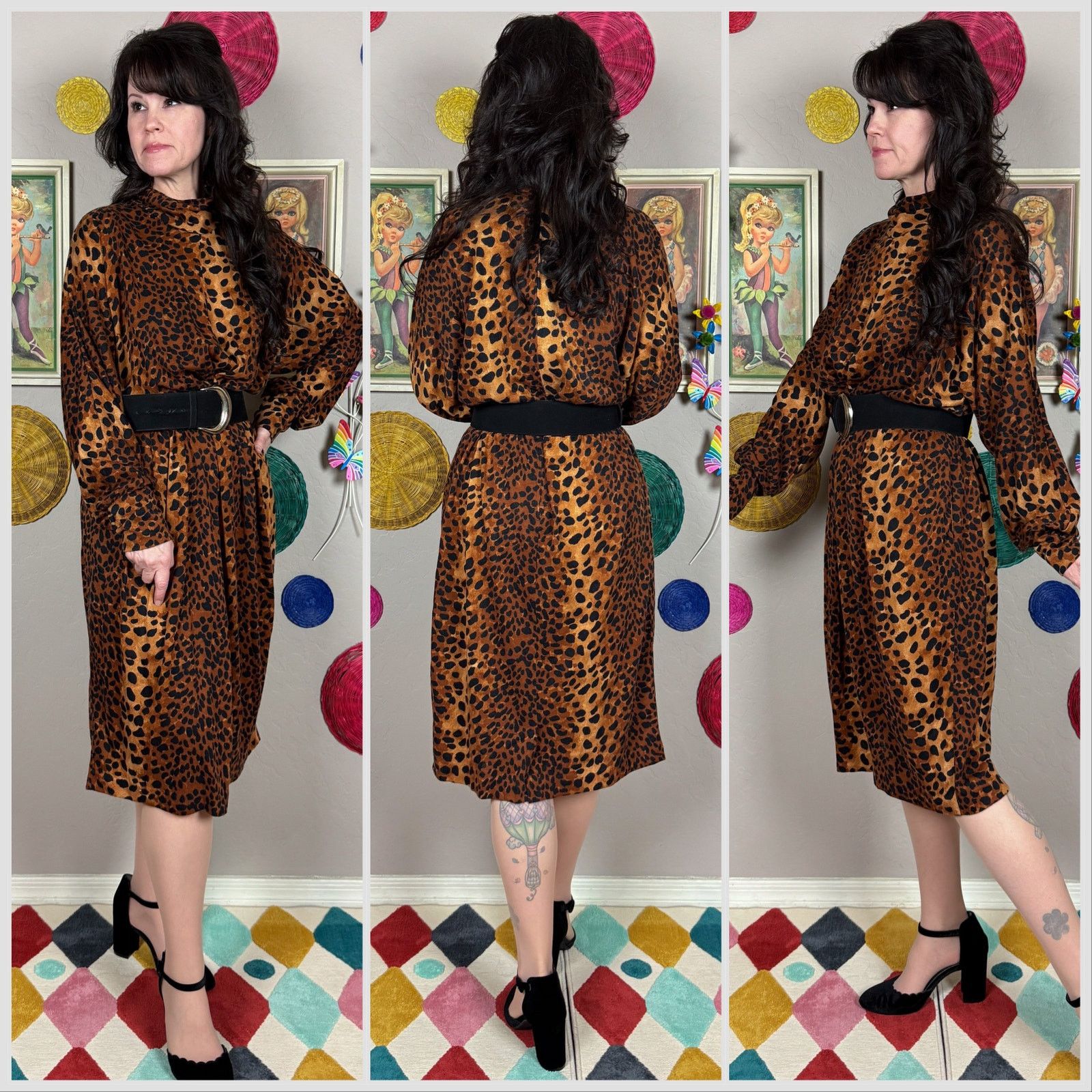 Vintage 1970s Cheetah Print Long Sleeve Turtleneck Jersey Midi Dress Size M / US 6-8 / IT 42-44 - 2 Thumbnail