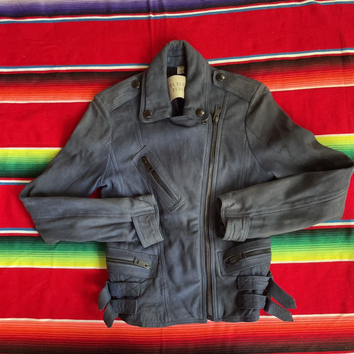 image of Burberry Jacket Suede Leather Biker Jacket in Blue, Women's (Size Small)