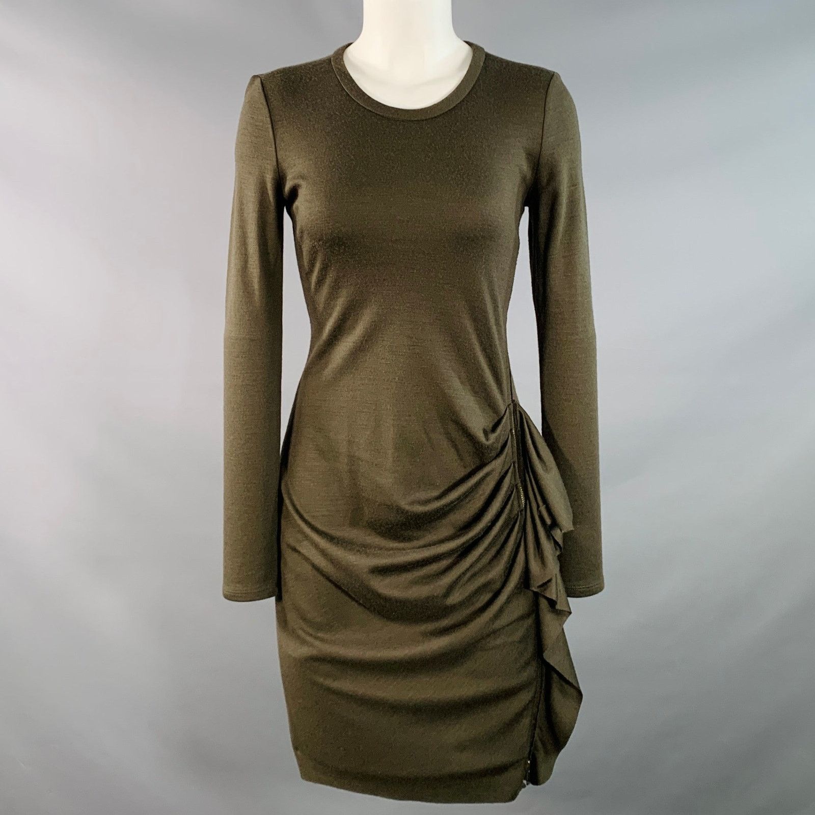 Size S Olive Green Wool Gathered Side Zipper Midi Dress