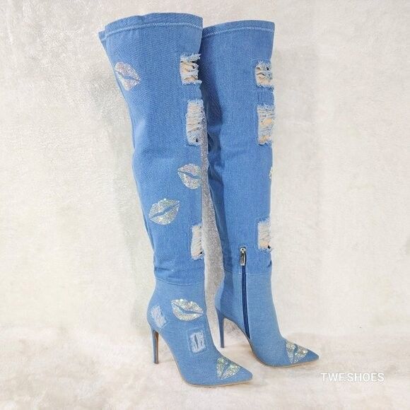 Other Kiss My - Blue Distressed Denim Thigh High Boots With Rhines Size US 6 / IT 36 - 1 Thumbnail