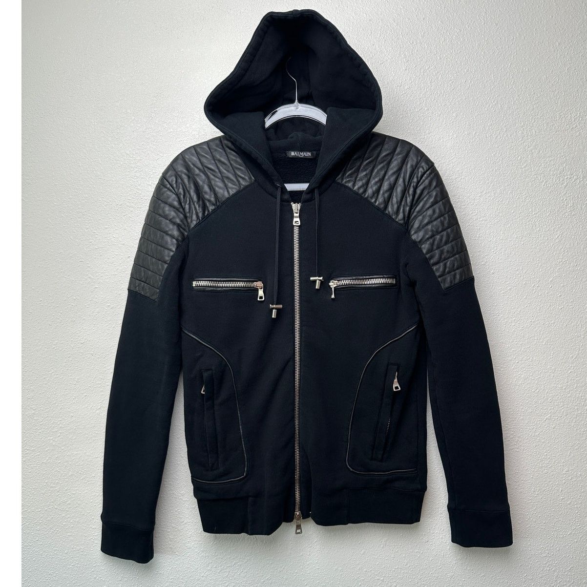 Balmain Balmain Black Moto Hoodie Leather-Shoulder Zip Sweatshirt M Size US M / EU 48-50 / 2 - 2 Thumbnail