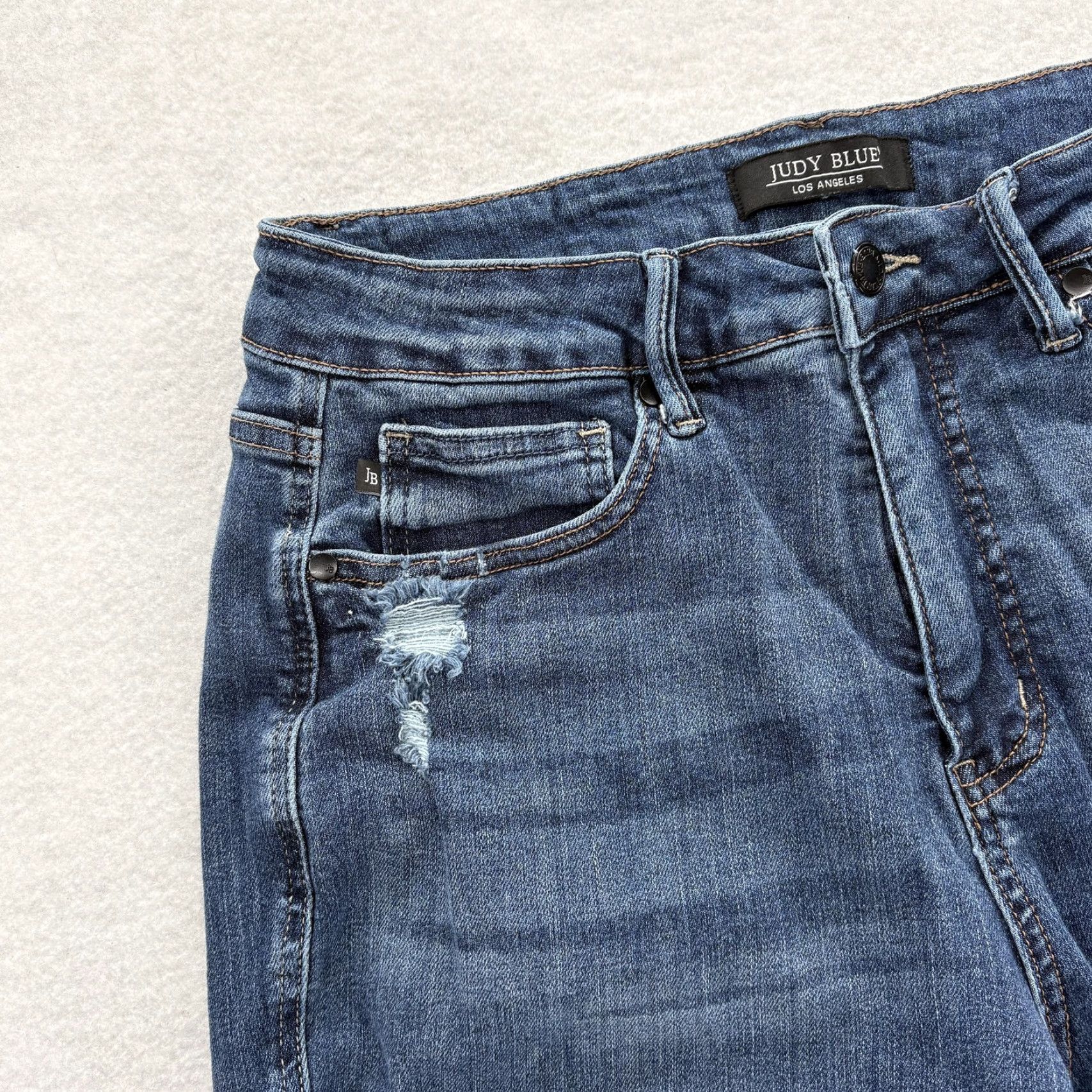 Vintage Judy Blue Jeans Womens 14W High Rise Flare Distressed Blue Raw Hem Stretch Denim Size 36" / US 14 / IT 50 - 4 Thumbnail