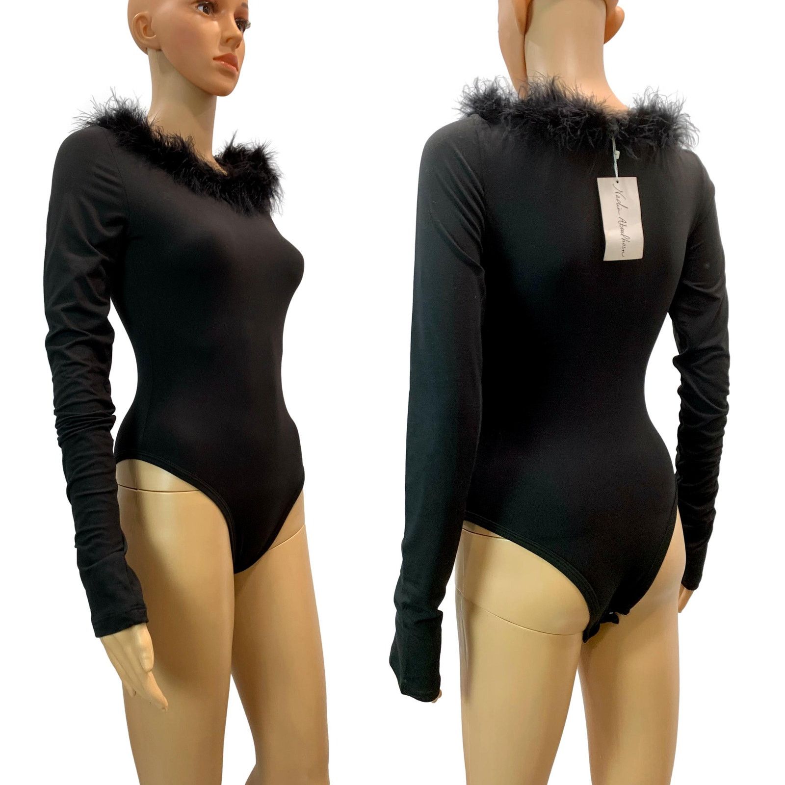 Other NEW Nadia Aboulhosn Black Bodysuit Marabou Trim | S Size S / US 4 / IT 40 - 1 Thumbnail