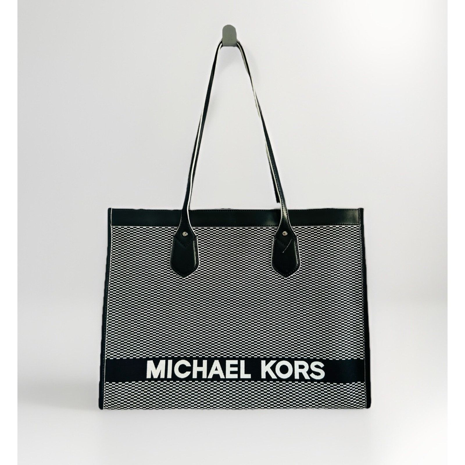 New Michael Kors Bay Large Tote East West Woven Canvas Bag in Black, Women's