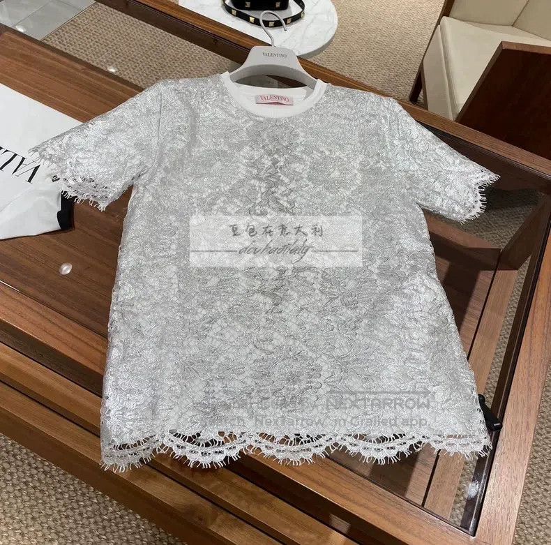 Valentino Silver fine glitter lace paneled short sleeves