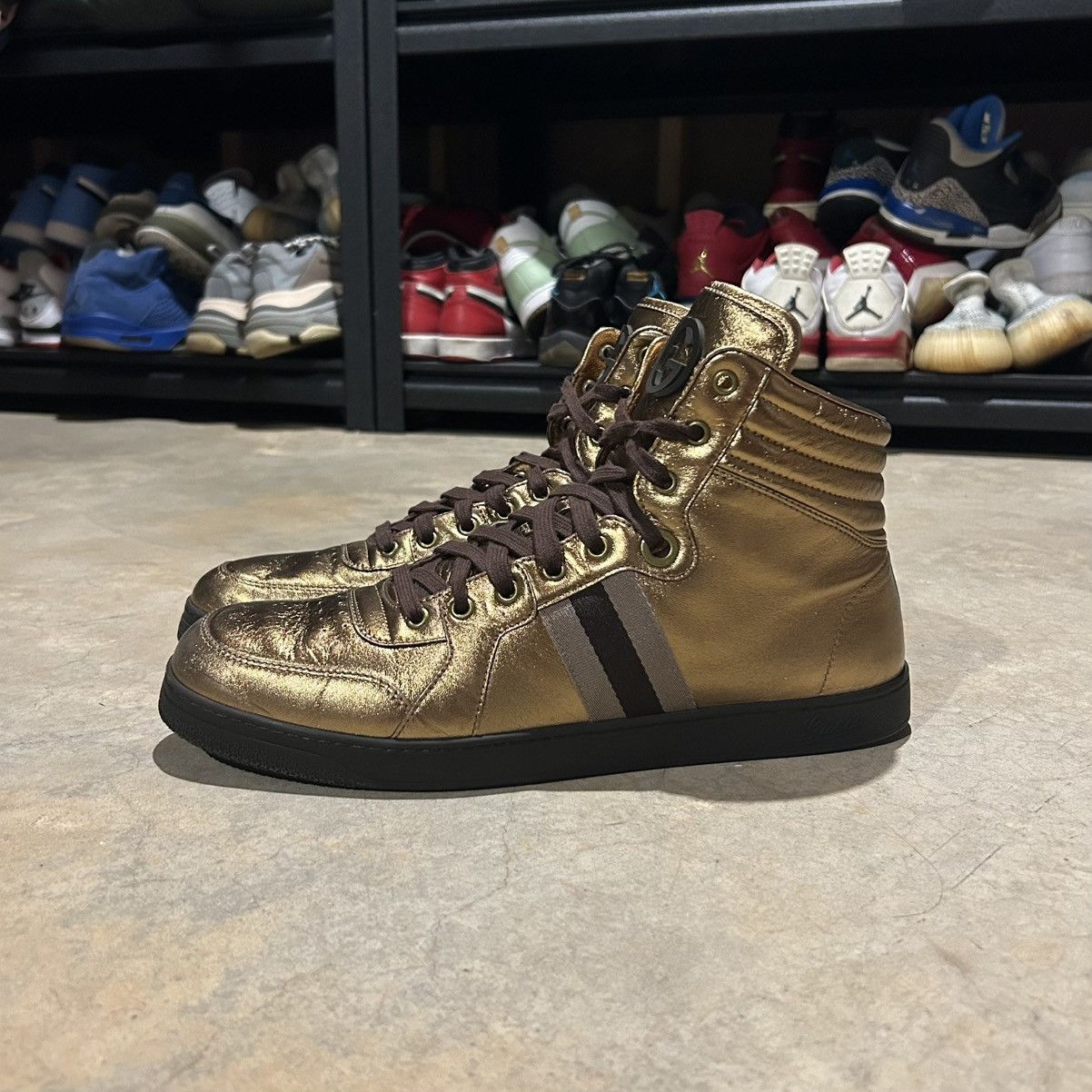 Designer × Gucci Gucci Nappa Silk Metallic Gold Web Stripe High Top Sneakers Size US 13 / EU 46 - 2 Thumbnail
