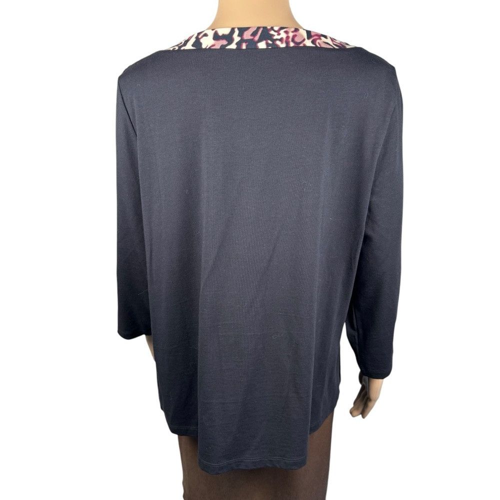 Other Susan Graver Weekend Black Animal Print Trim 3/4 Sleeve Top Size L / US 10 / IT 46 - 4 Thumbnail