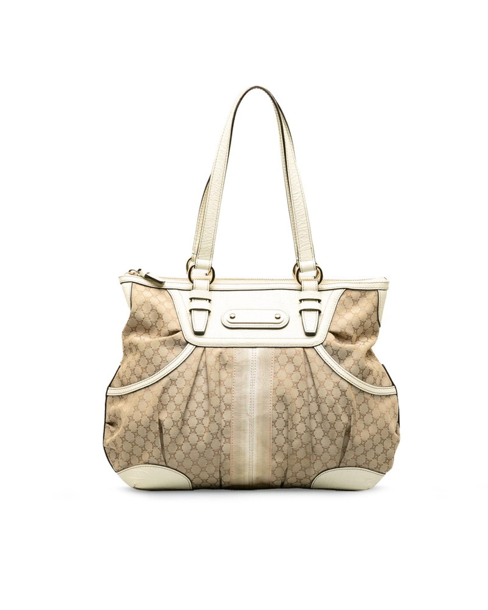 image of Celine Canvas Shoulder Bag In Beige With Macadam Design - Ab Condition, Women's
