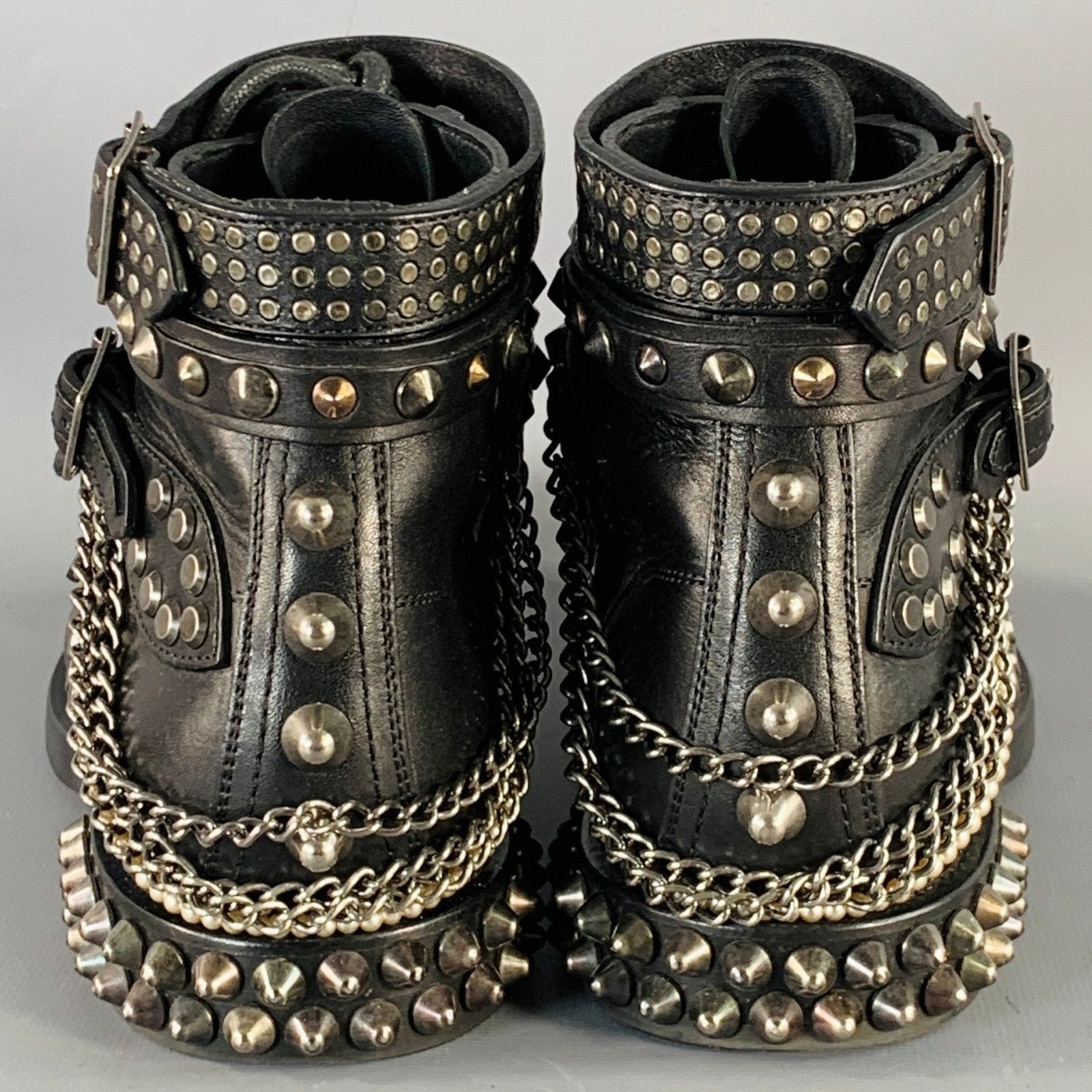 Saint Laurent Paris SAINT LAURENT Black Studded Leather Lace-Up Belted Boots Size US 6.5 / IT 36.5 - 3 Thumbnail