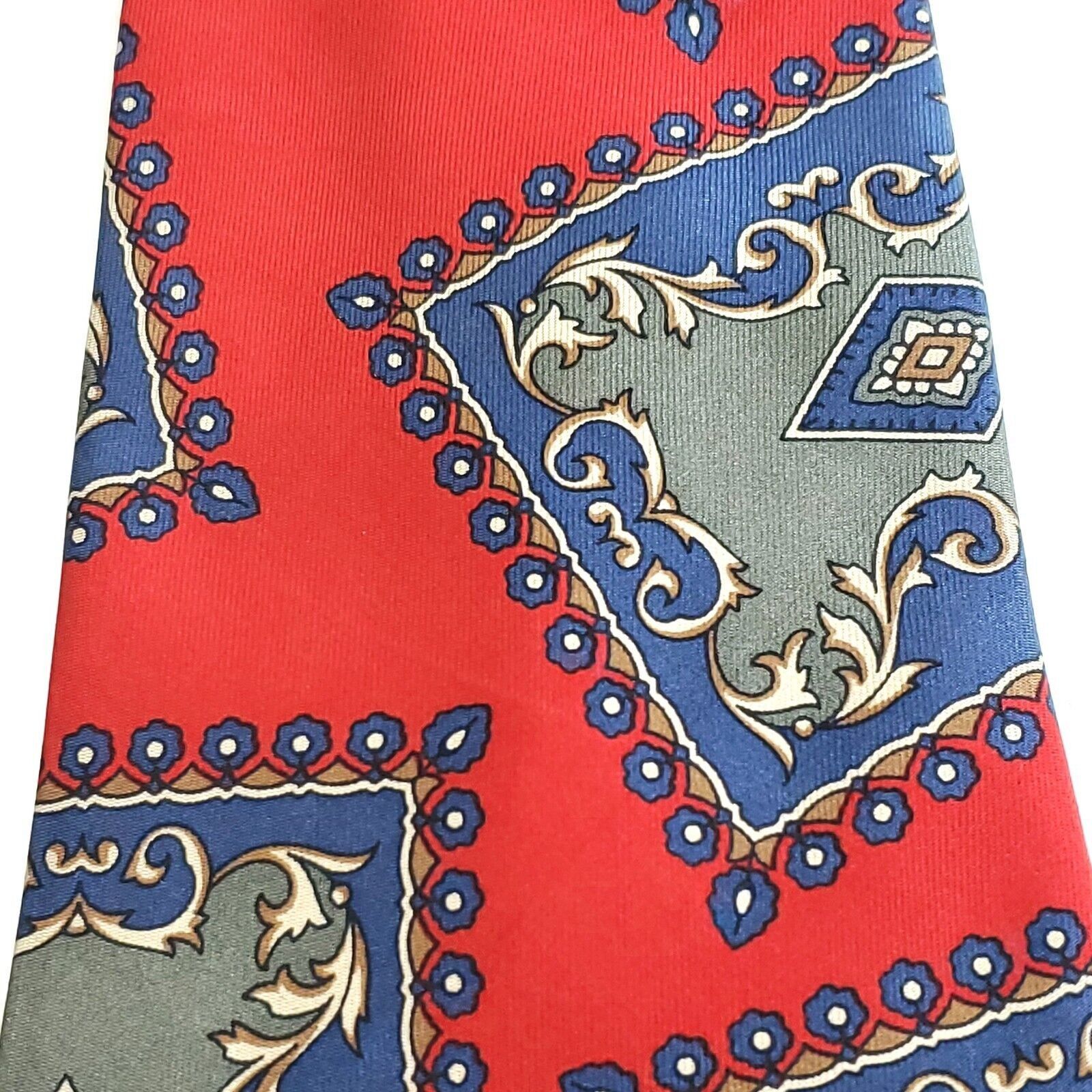 Designer Secundum Antem Red Blue Baroque Abstract Print Wide Silk Tie Size ONE SIZE - 2 Thumbnail