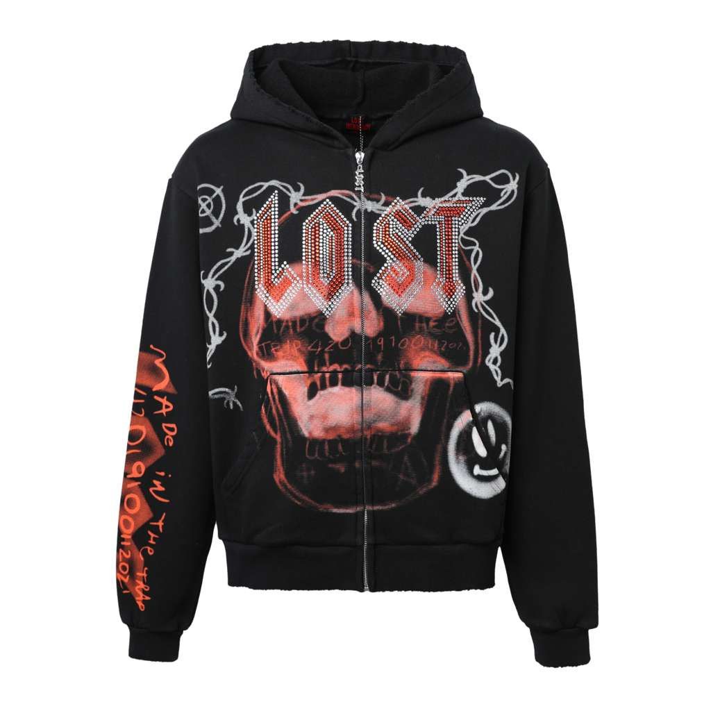 LOST INTRICACY Lost Intricacy 'Skull Bound' Red Print Black Zip Up