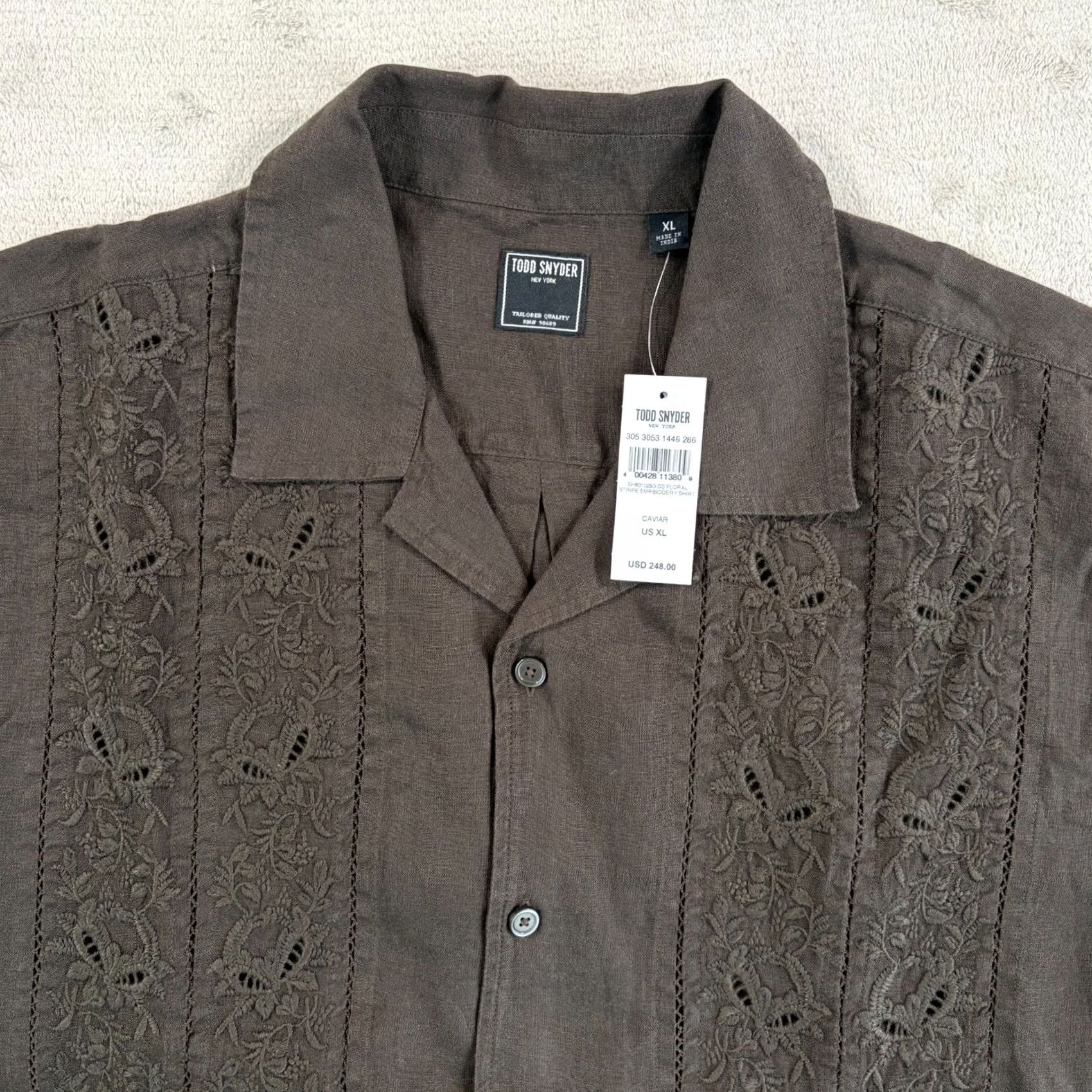 Todd Snyder Todd Snyder Cropped Embroidered Linen Camp Loop Collar Shirt in Caviar XL Brown NWT Men Shirt Size US XL / EU 56 / 4 - 3 Thumbnail