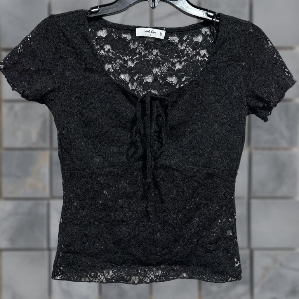 Vintage Wild Love Shirt S Black Lace Sheer Tie Front Short Sleeve Floral Whimsigoth Size S / US 4 / IT 40 - 1 Thumbnail