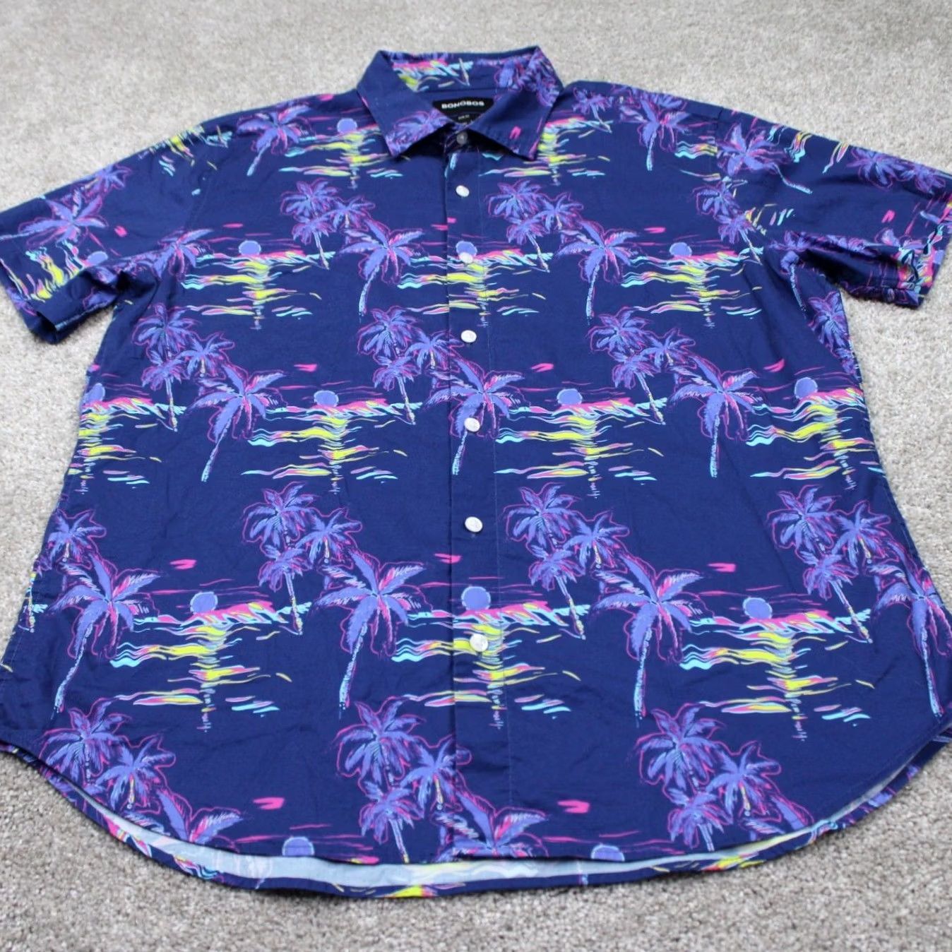 Bonobos Bonobos Slim Fit Button-Up Shirt Mens XL Purple Palm Trees Floral Short Sleeve Cotton Nylon Stretch Casual Travel Button-Down Size US XL / EU 56 / 4 - 2 Thumbnail