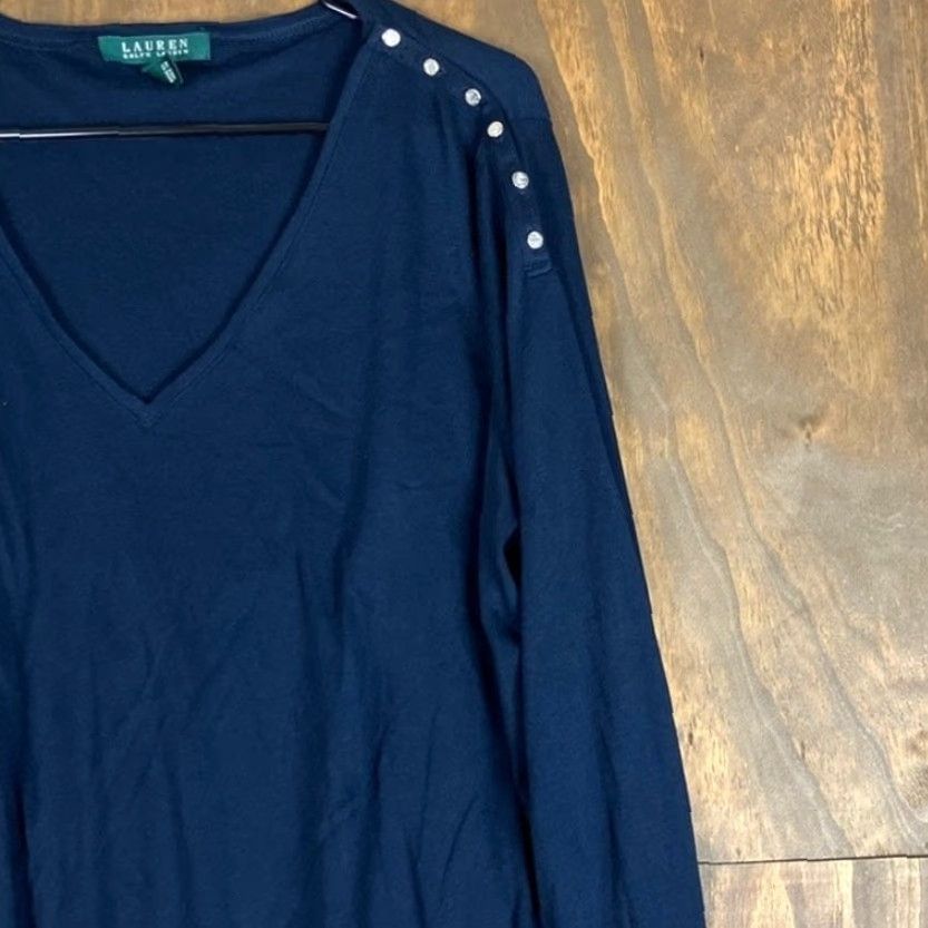 Ralph Lauren Lauren Ralph Lauren Womens Shirt Blue V Neck Thin Long Sleeve 2X 100% Cotton Button Pullover Casual Workwear FALL SPRING WINTER Ladies Size XXL / US 16-18 / IT 52-54 - 5 Thumbnail