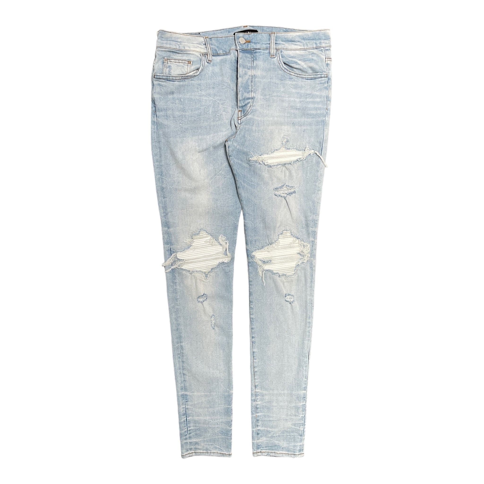 Amiri Amiri MX1 White Leather Patch Jeans Light Indigo | Grailed Amiri Amiri MX1 White Leather Patch Jeans Light Indigo | Grailed