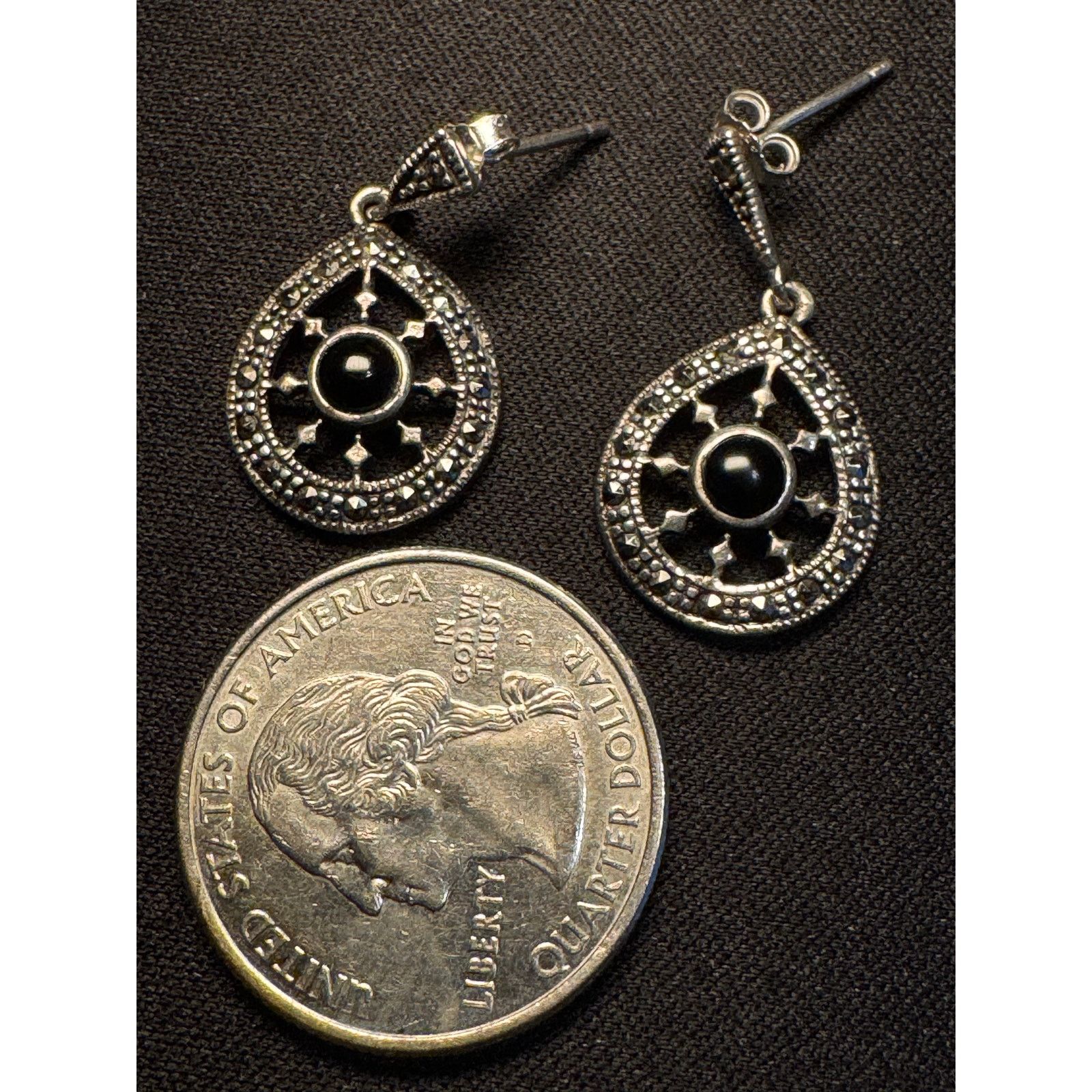 Other Vintage Sterling Silver Marcasite & Onyx Post Earrings Size ONE SIZE - 3 Thumbnail