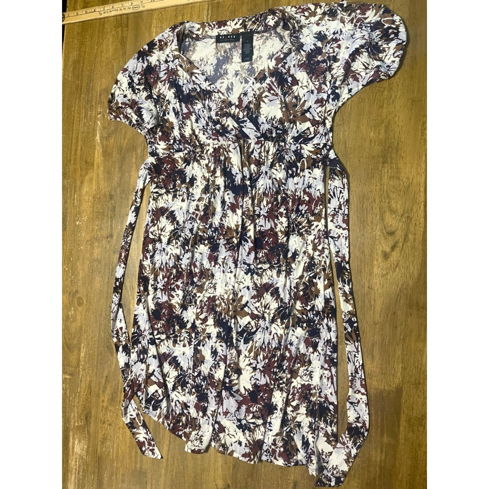 Vintage Axcess Dress Women's Size Medium Brown Grey Cream Floral V-neck Size M / US 6-8 / IT 42-44 - 2 Thumbnail