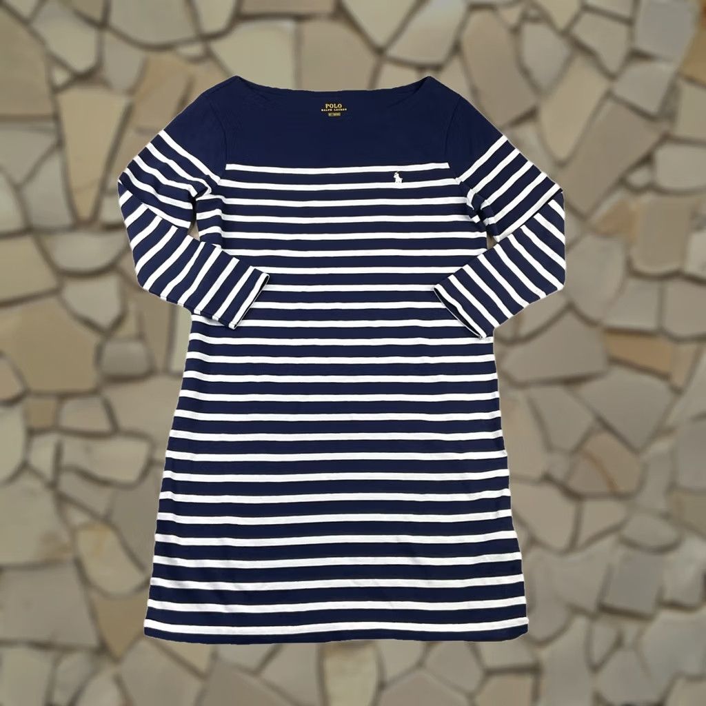 polo ralph lauren striped waffle-knit dress Polo Ralph Lauren Womens M Blue White Waffle Knit Long Sleeve Boatneck T-Shirt Dress Menâs black coat with collar