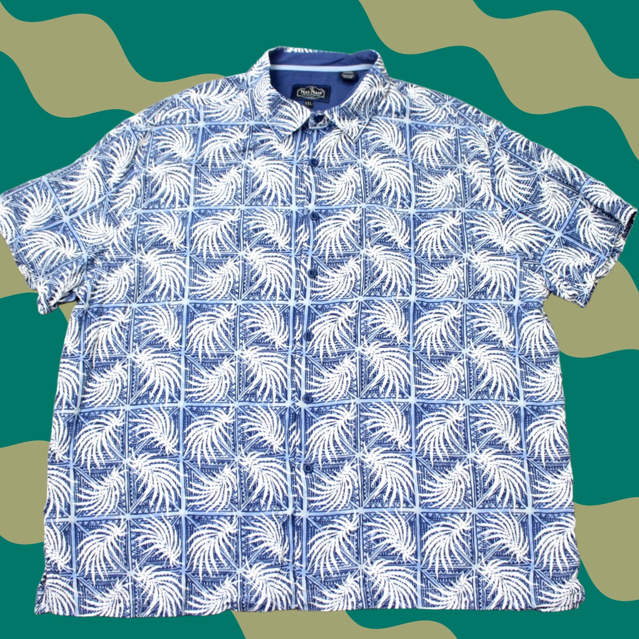 Nat Nast Nat Nast Shirt Mens 2XL Blue/White Floral Silk/Cotton Hawaiian Short Sleeve Button-Up Shirt Size US XXL / EU 58 / 5 - 1 Thumbnail