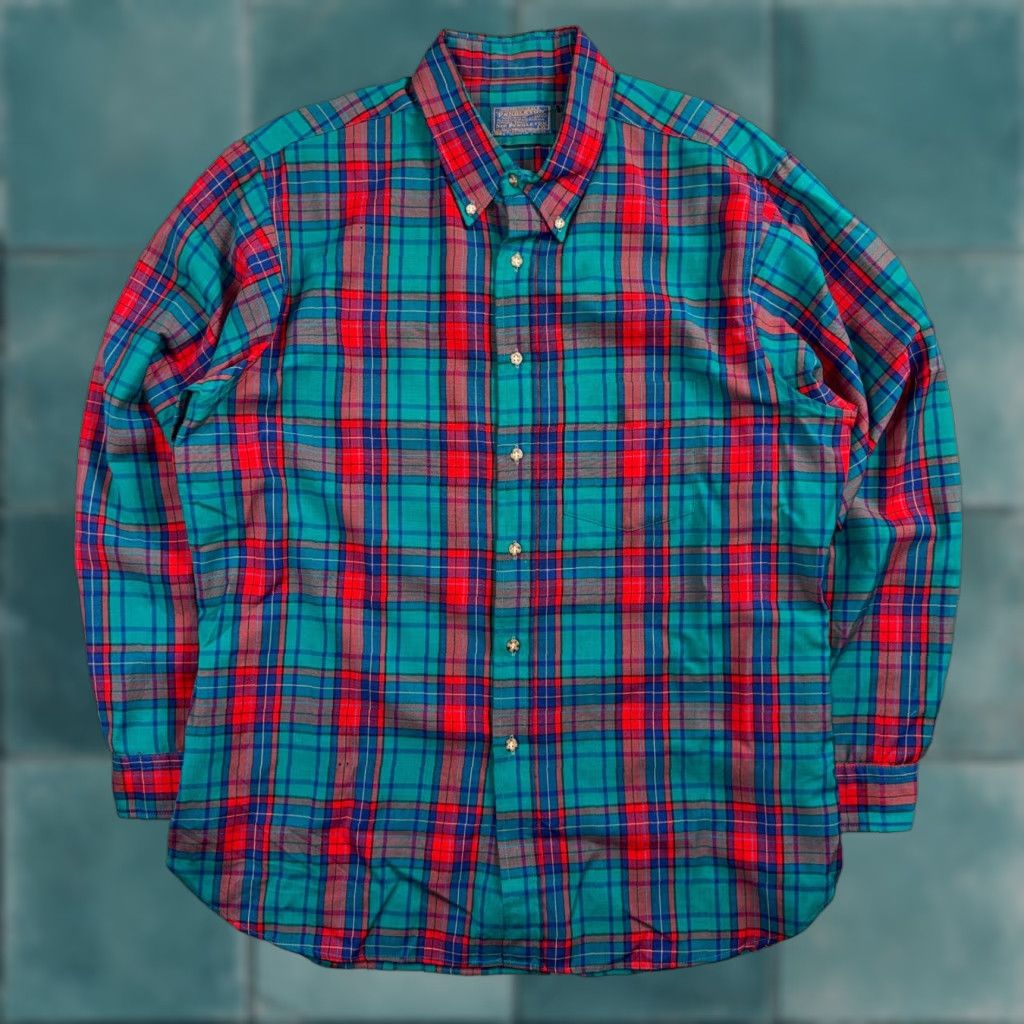Pendleton VINTAGE Pendleton Button-Up Shirt XL Blue Red Turquoise Plaid Wool Flannel USA Made LS Size US XL / EU 56 / 4 - 1 Thumbnail