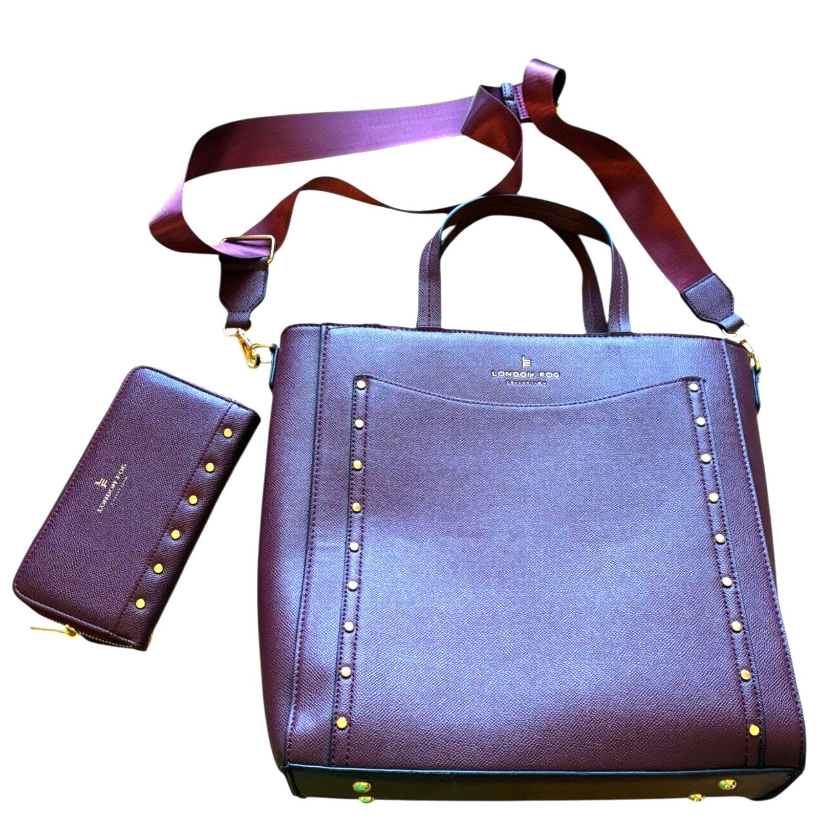 London Fog London Fog Sofia Studded Tote Bag & Matching Wallet Plum Size ONE SIZE - 1 Thumbnail