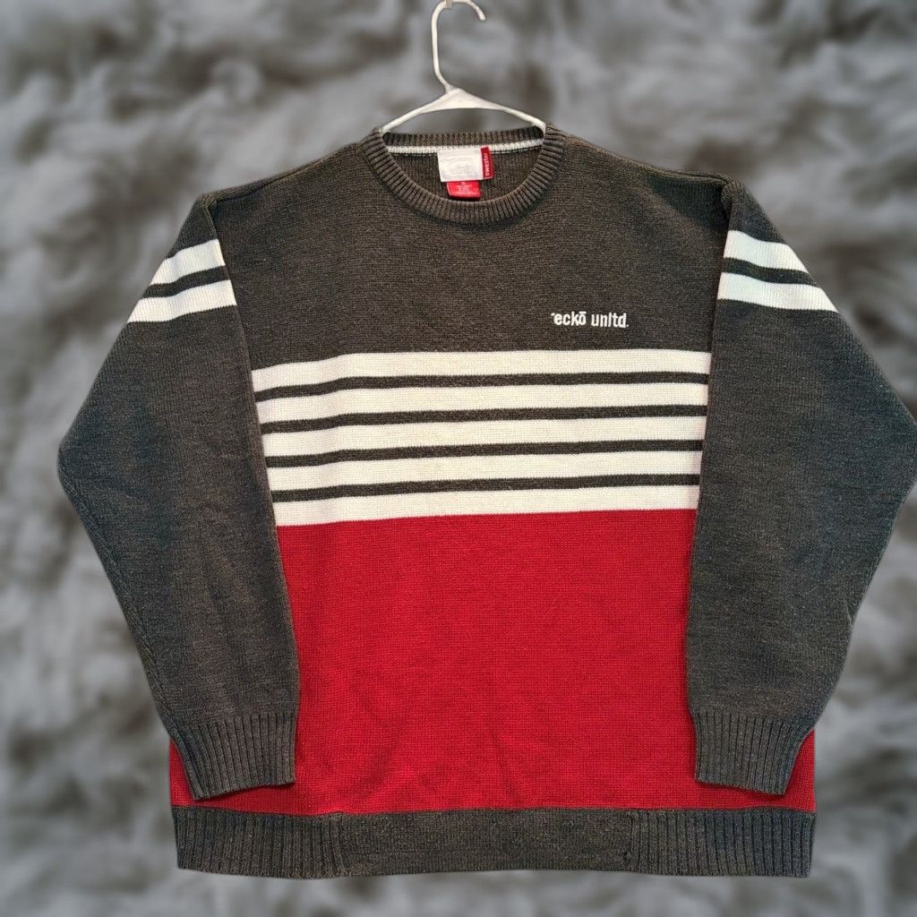 Ecko Unltd. VINTAGE Ecko Unltd. Sweater Mens XL Gray Red Striped Acrylic Crewneck Y2K Knit Shirt Size US L / EU 52-54 / 3 - 1 Thumbnail