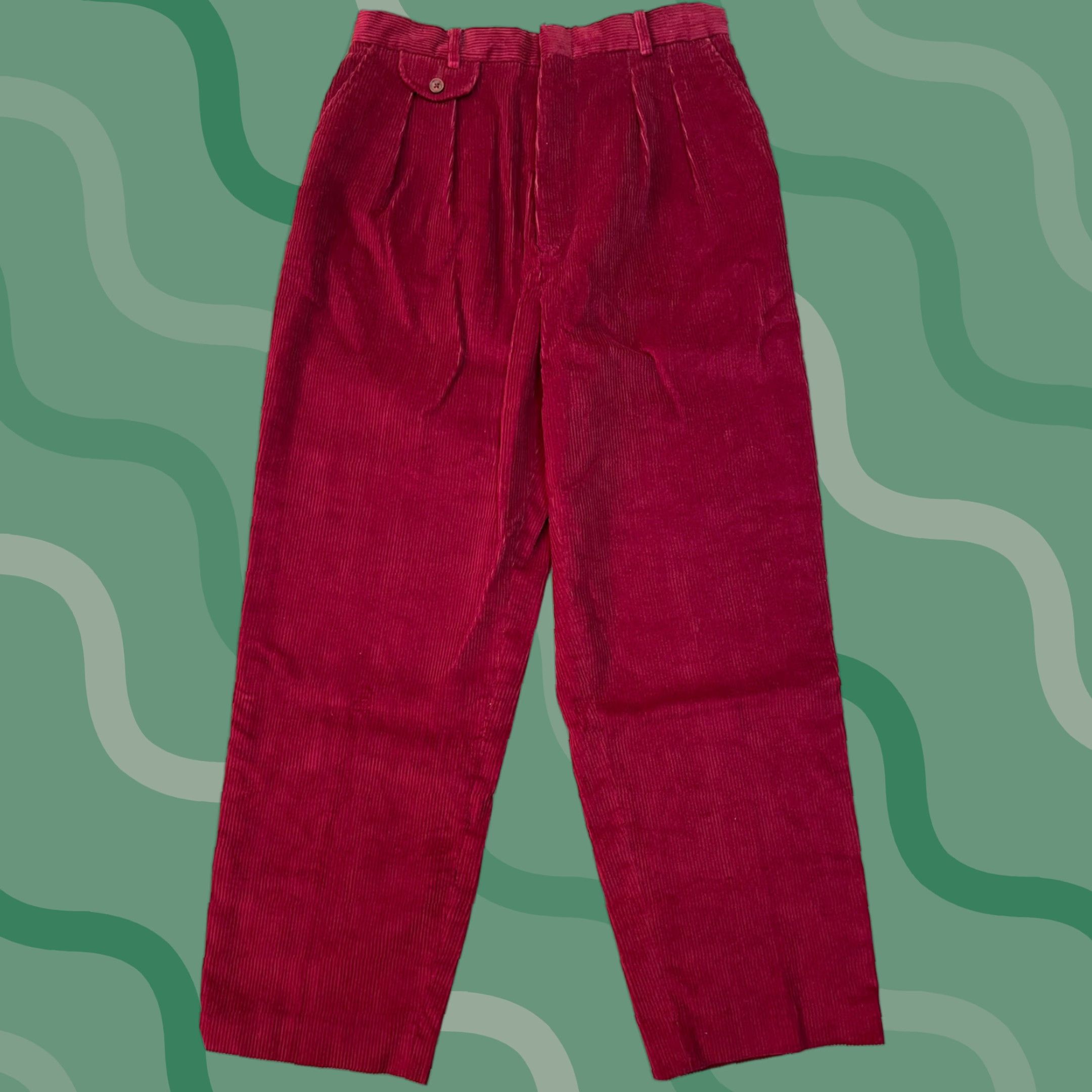 VINTAGE Eddie Bauer Women Pants Corduroy 70s High Rise Mom Pleated Red 14 Slim Straight 32in Inseam