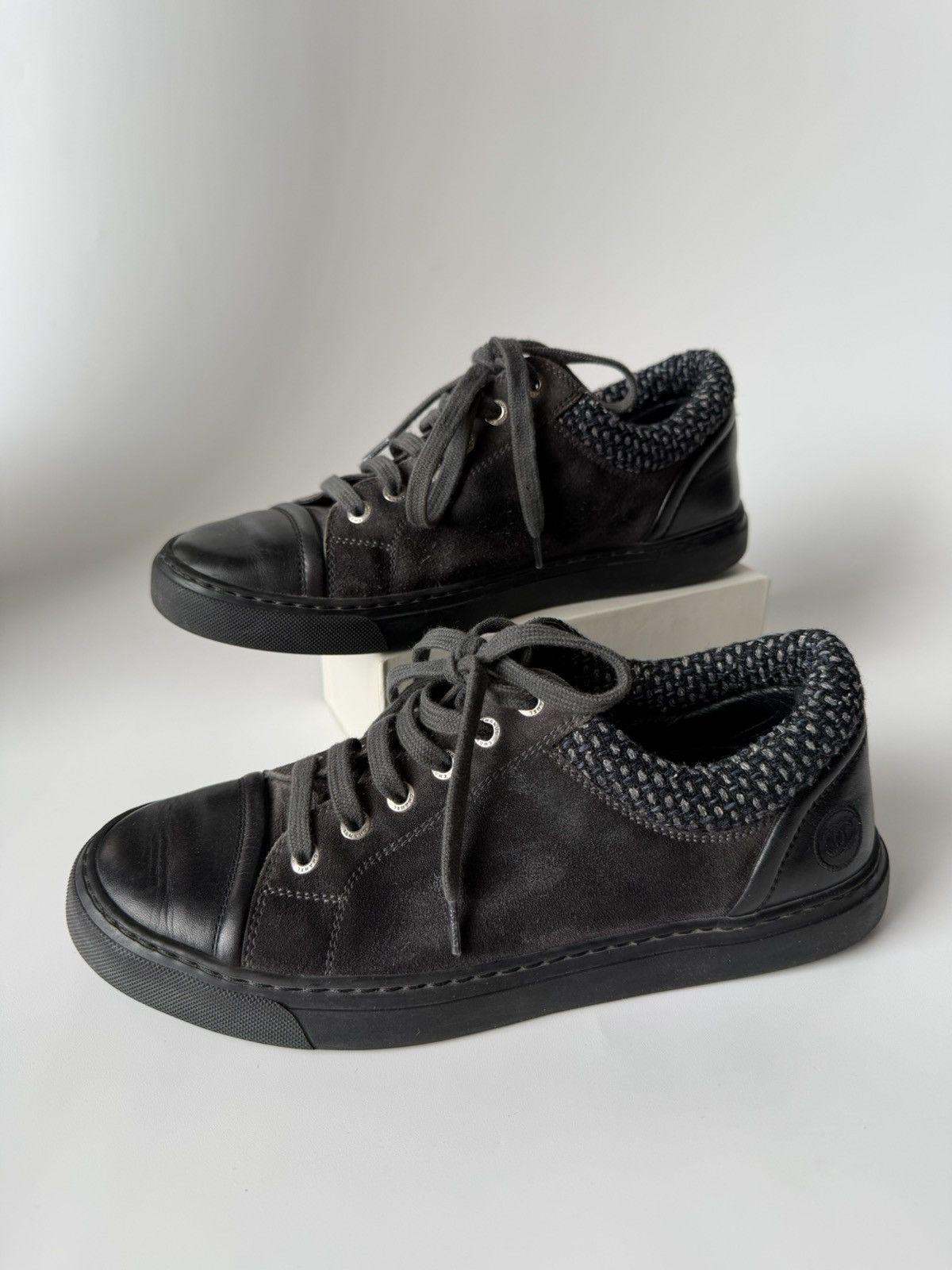 Chanel CHANEL Gray Black Suede Tweed Low Top Lace Up Sneaker Shoes Size US 7 / IT 37 - 1 Thumbnail