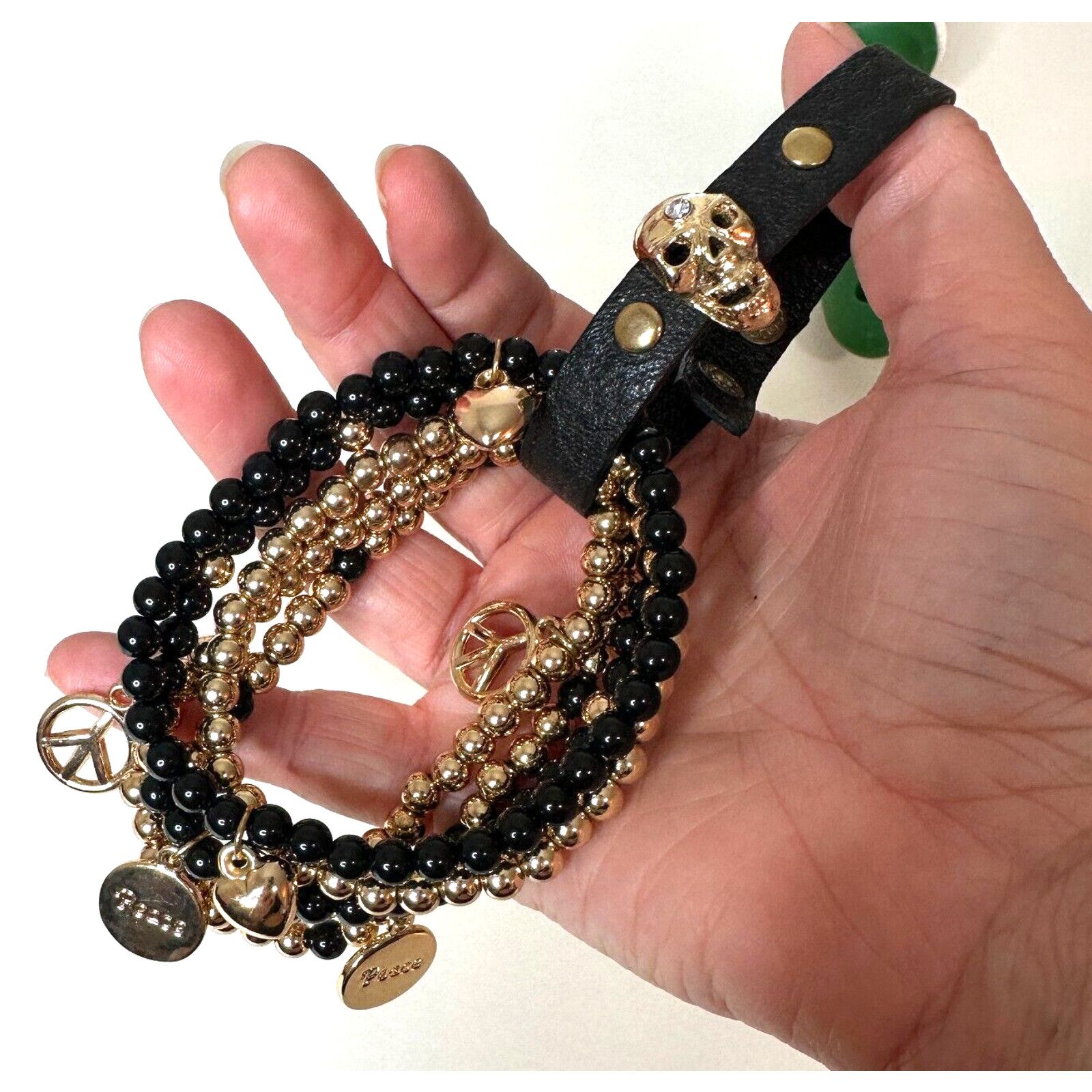 Macys Macy's Black & Gold Skull Heart Peace Bead Leather Bracelet Size ONE SIZE - 1 Thumbnail
