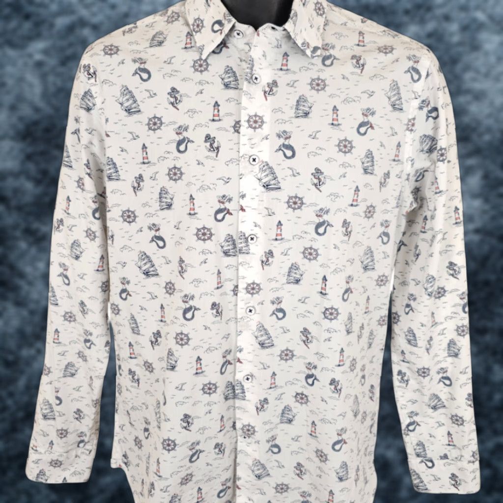 Express Lighthouse Shirt Express Mens Size Small White Nautical All Over Print Button-Up" Size US S / EU 44-46 / 1 - 1 Thumbnail