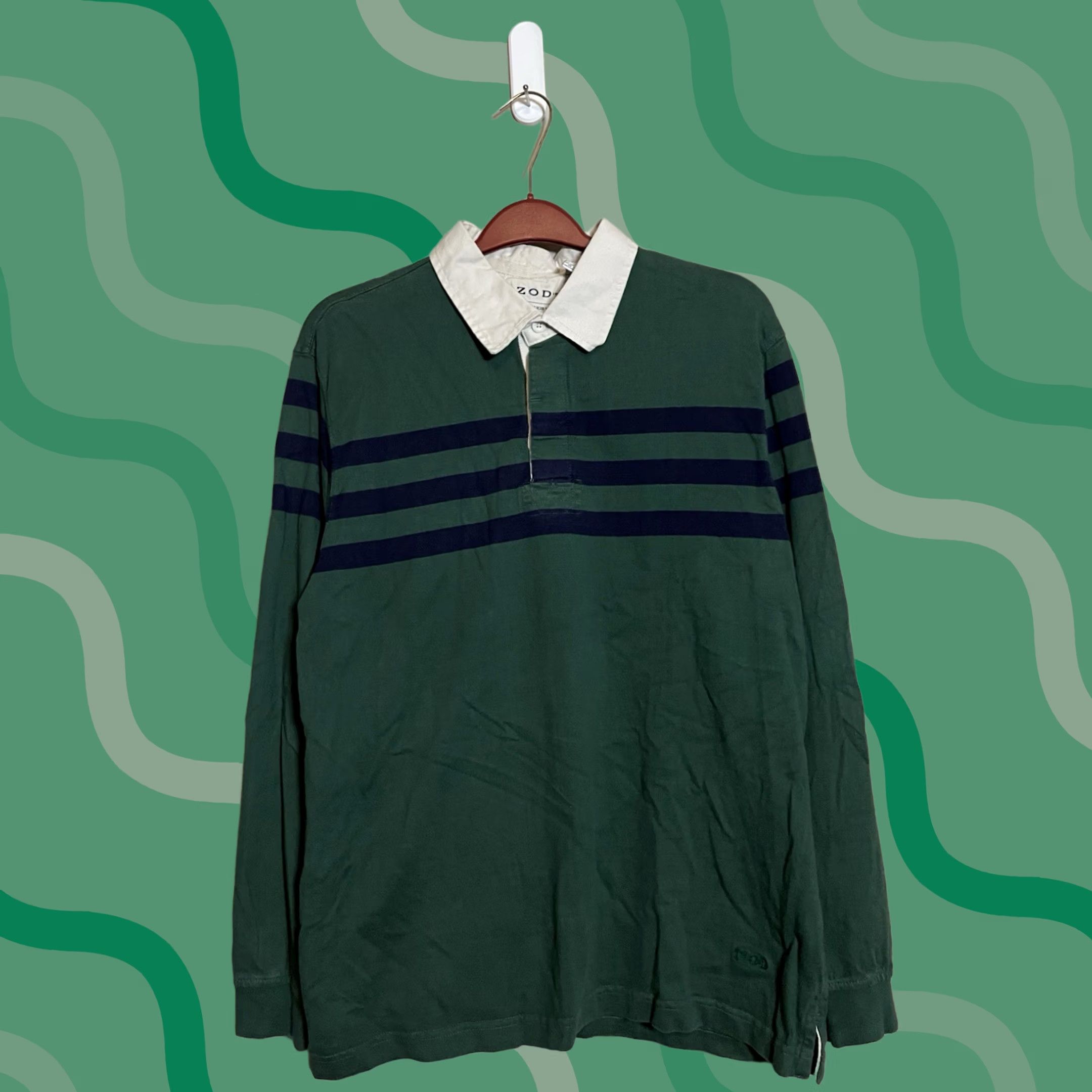 Izod VINTAGE IZOD Varsity Rugby Shirt Green Navy Stripe Striped Cotton Long Sleeve Pullover Collared Polo Size L Unsisex Adults Mens Womens Size US L / EU 52-54 / 3 - 1 Thumbnail