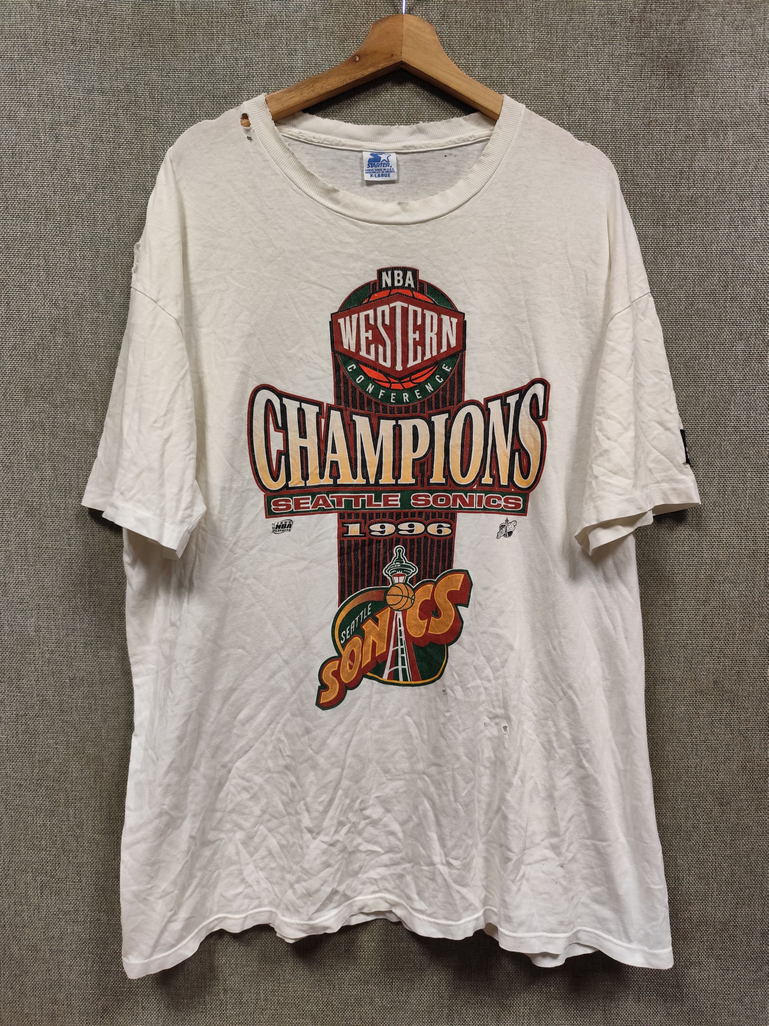 NBA × Starter × Vintage vintage 1996 nba champion seattle sonics distressed tee Size US XL / EU 56 / 4 - 1 Thumbnail