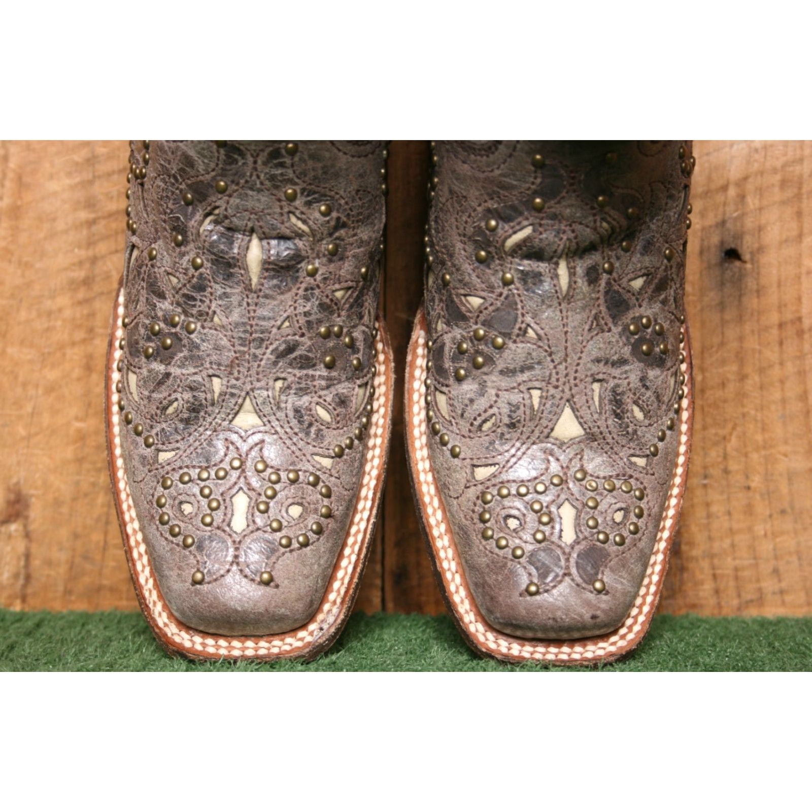 Vintage CORRAL 'Jessica' Brown Studded Inlay Leather Western Boots Sz. 6.5 M Women Cowgirl Boots Size US 7 / IT 37 - 7 Thumbnail