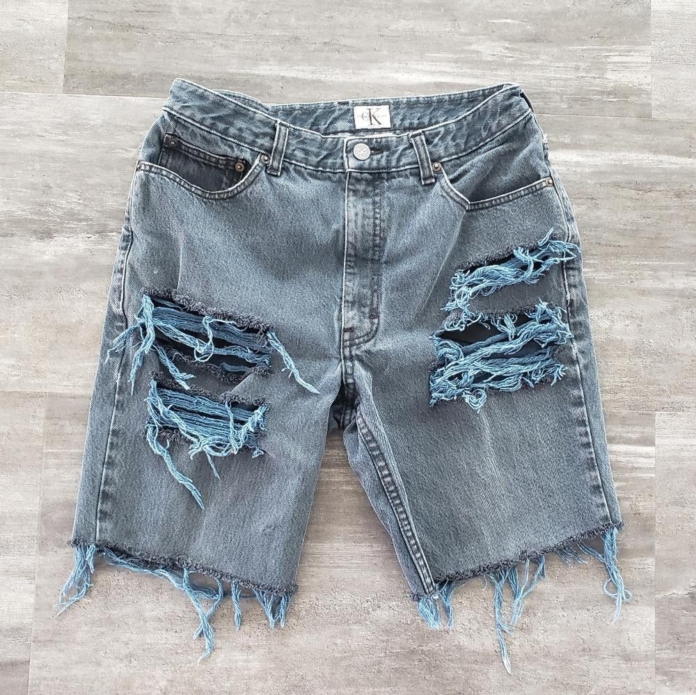 Designer Dark Denim Distressed CK Jean Short Size 34" / US 12 / IT 48 - 1 Thumbnail