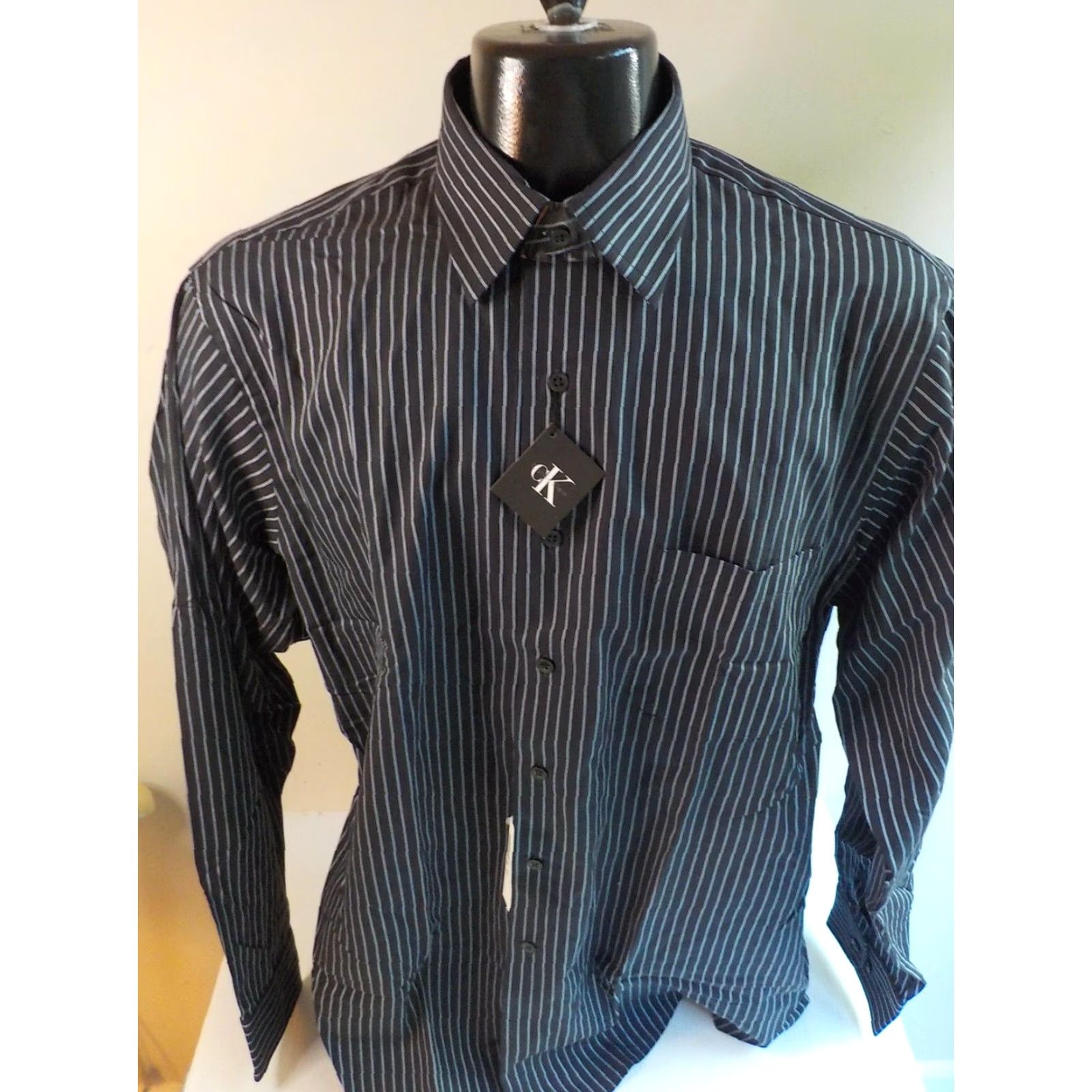 Calvin Klein CALVIN KLEIN Dress Shirt Striped Spread Collar LS Cotton Black/Blue 16.5 NWT Mens Shirt Size US XL / EU 56 / 4 - 2 Thumbnail