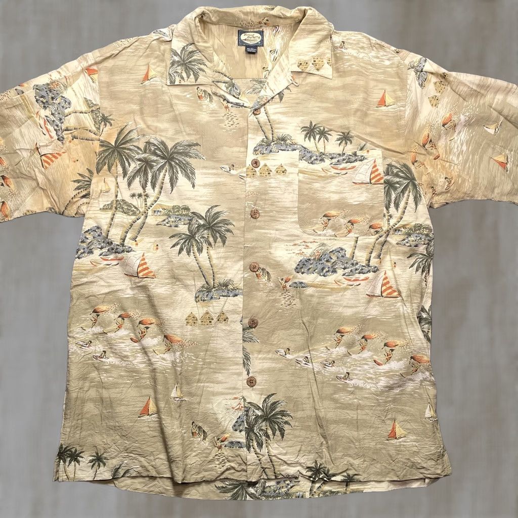 Tommy Bahama Tommy Bahama Shirt Mens Medium Beige Palm Tree Sailboat Hawaiian Aloha Rayon Button-Up Short Sleeve Casual Beachwear Size US M / EU 48-50 / 2 - 1 Thumbnail