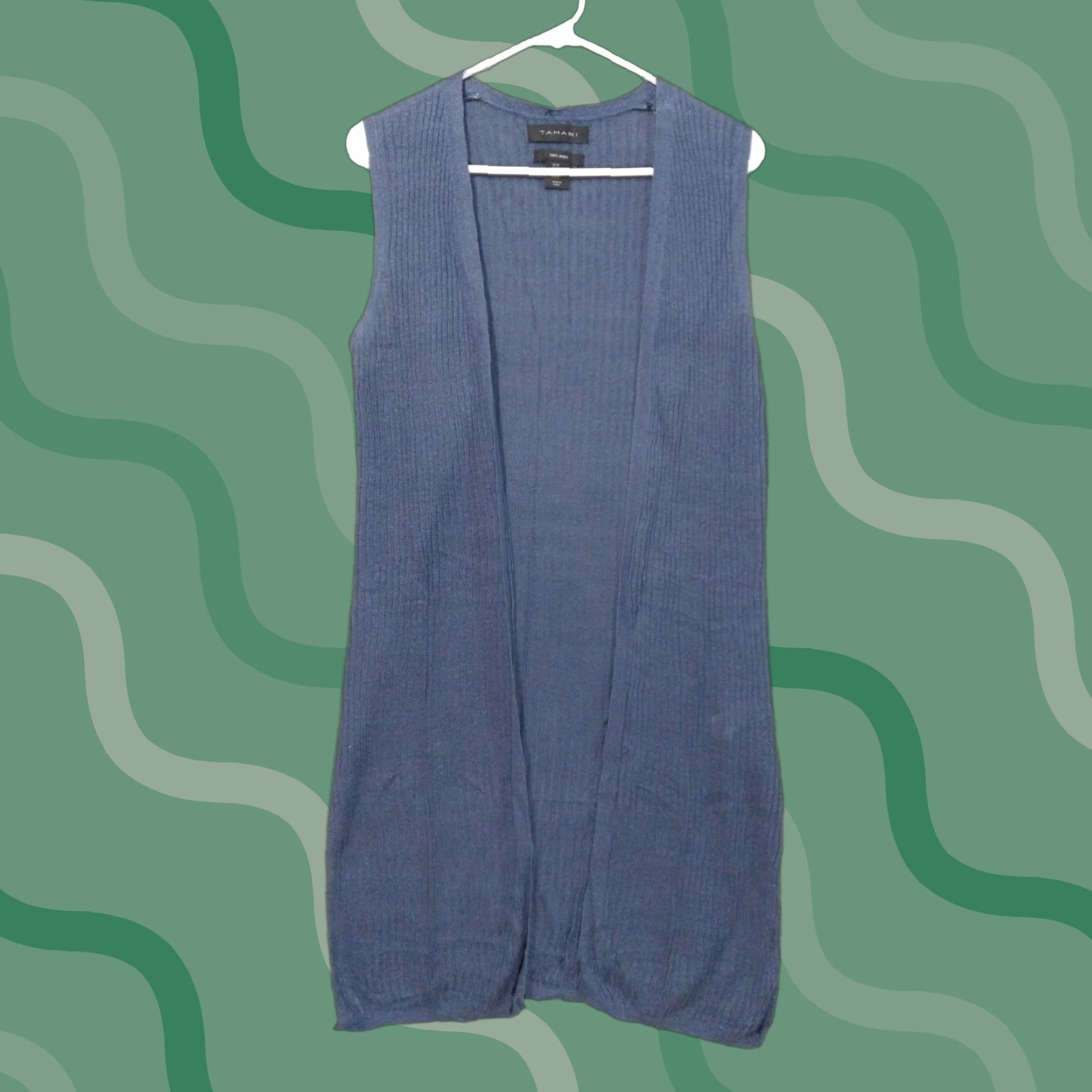 Vintage Tahari Cardigan Sweater Womens Medium Blue Linen Open Front Sleeveless Beach Bohemian Classic Light Breathable Blue Tahari Womens M Cardigan Sweater Size M / US 6-8 / IT 42-44 - 1 Thumbnail