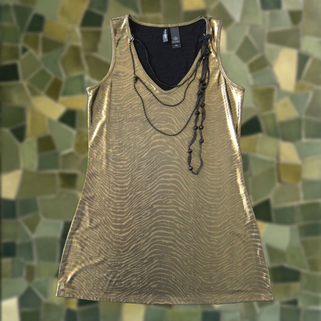Vintage Bisou Bisou Y2K Gold Stretch Beaded Necklace Shift Tent Tank Tunic Dress Medium Size M / US 6-8 / IT 42-44 - 1 Thumbnail