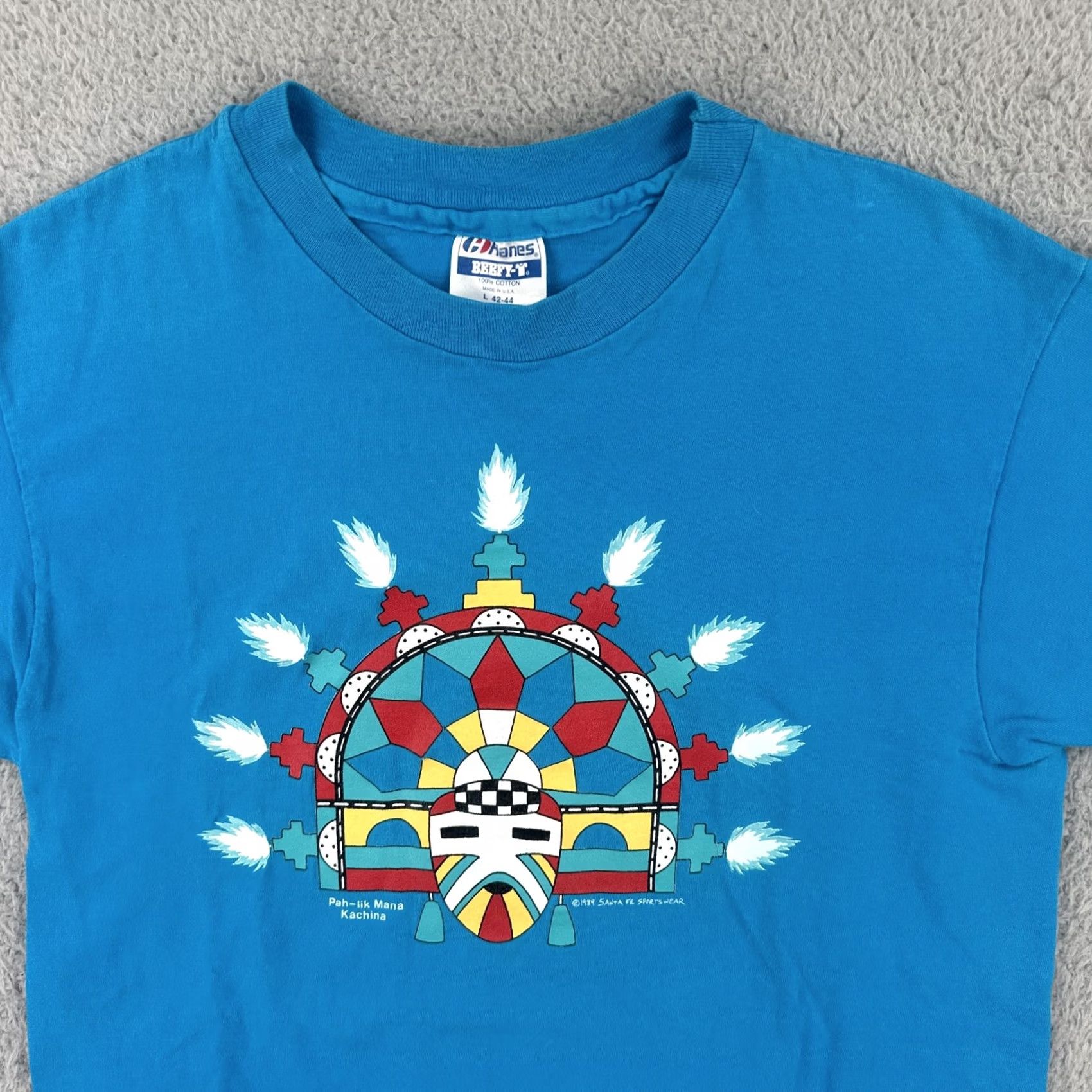 Hanes VINTAGE Hanes Beefy-T Shirt Blue 80s USA Pah-lik Mana Kachina Medium Men Short Sleeve Crew Neck Cotton Knit Size US M / EU 48-50 / 2 - 5 Thumbnail