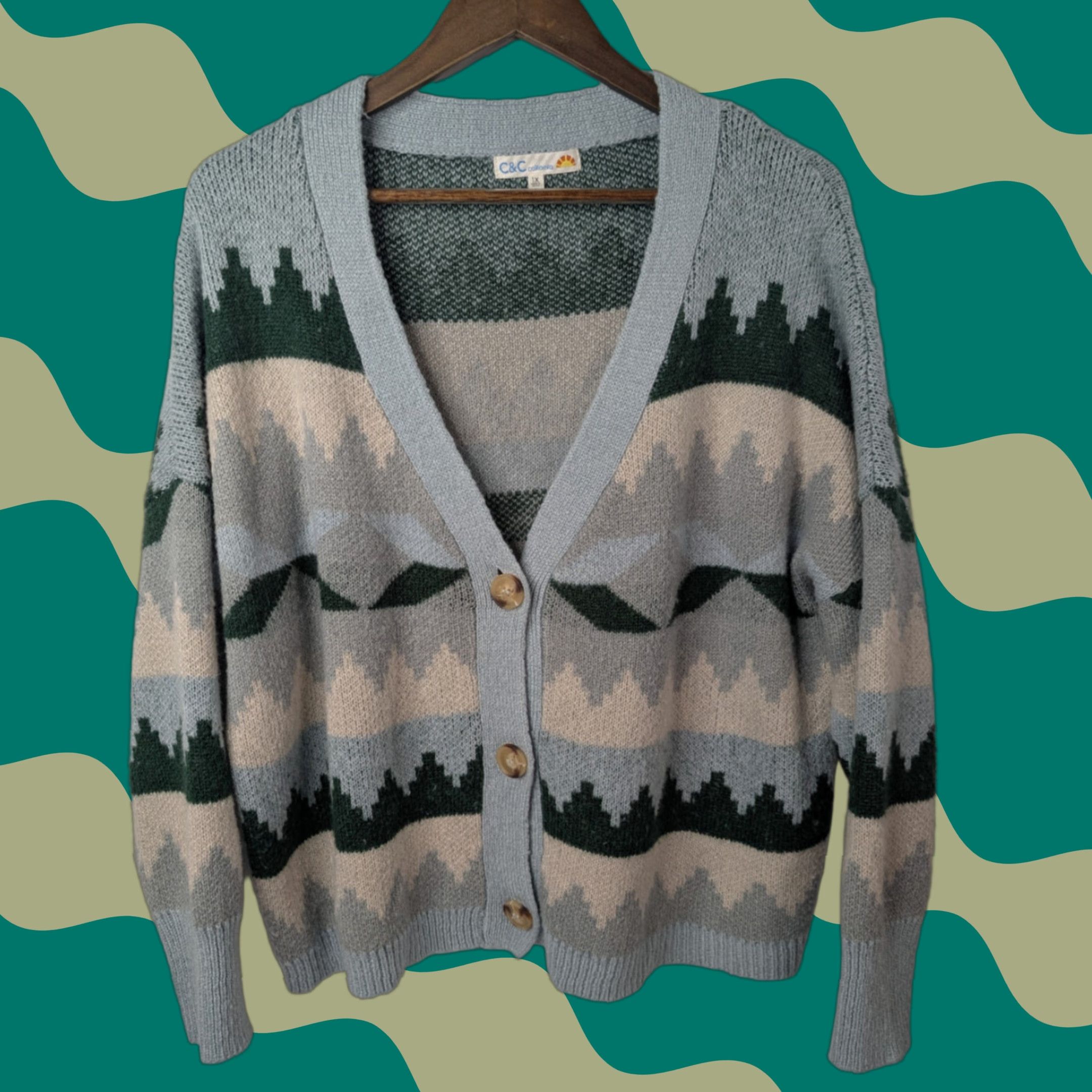 Vintage C&C California Cardigan Women 1X Boxy Jacquard Button V-Neck Knit Lightweight Blue Green Sweater Plus Size Size XL / US 12-14 / IT 48-50 - 1 Thumbnail