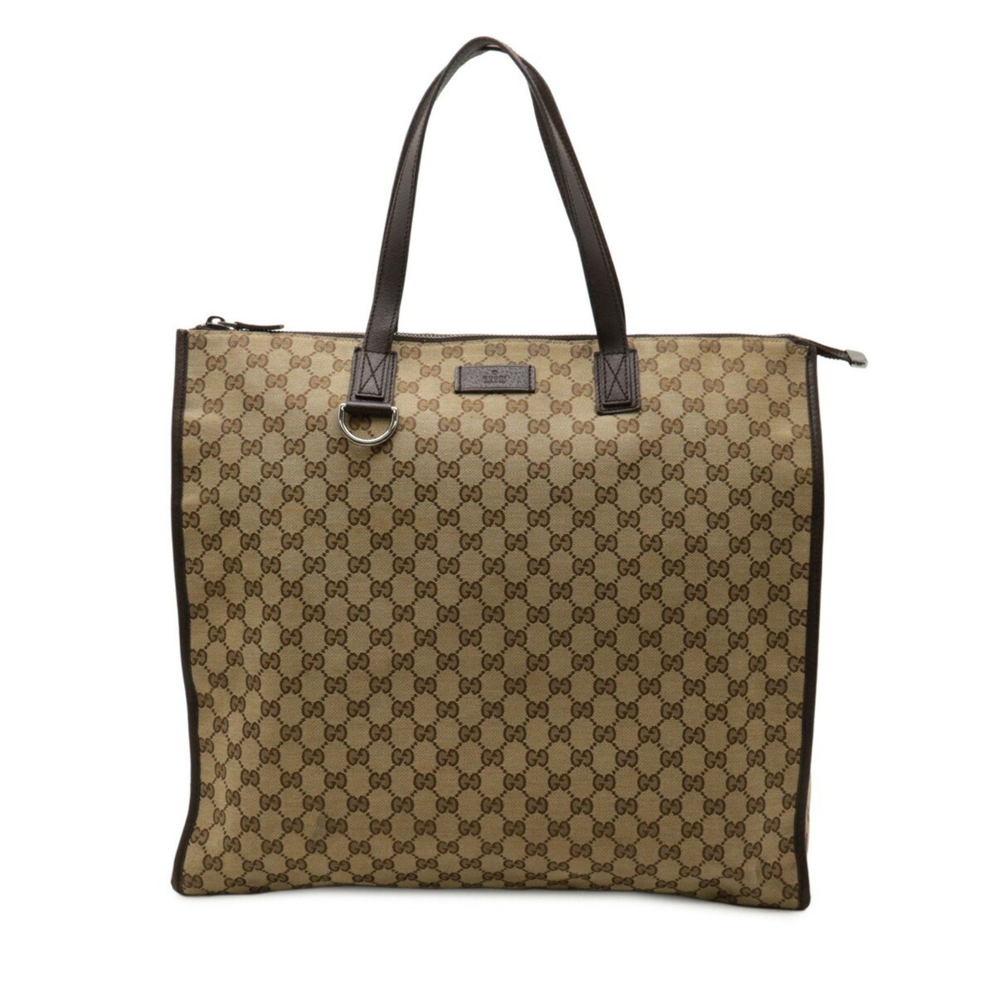 Gucci GG Canvas Tote Bag Large Shoulder Leather Khaki Beige Dark Brown 181090, Women's