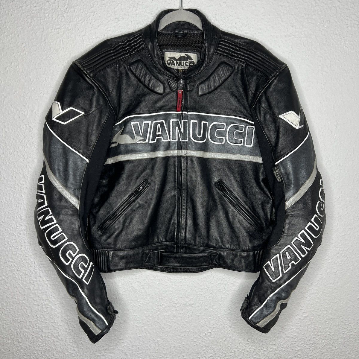 image of Leather Jacket x Moto Vanucci Leather Moto Jacket Racing Black 3M Motorbike, Men's (Size Large)