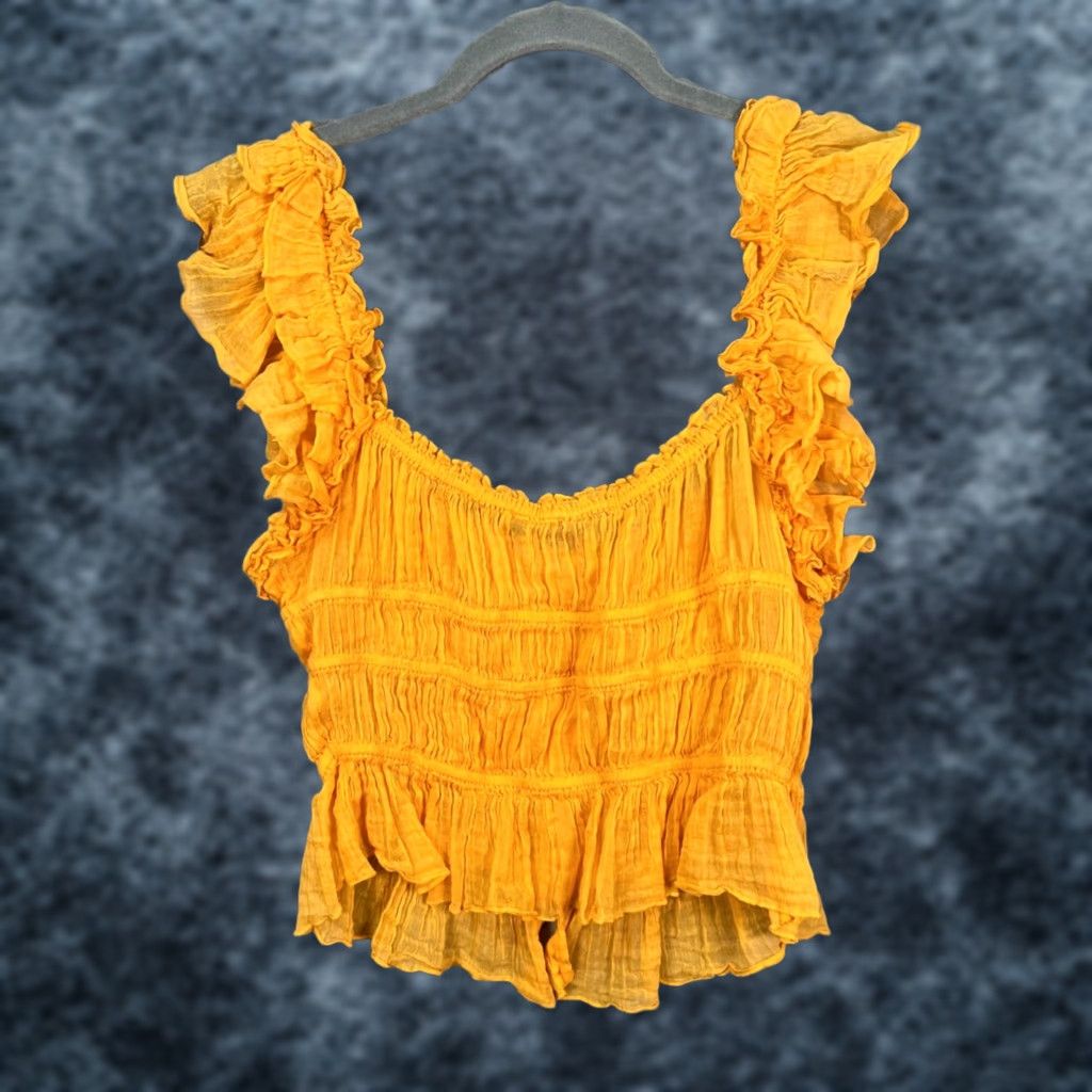 Free People Free People Blouse Shirt Womens L Yellow Ruffle Smocked Sleeveless Button Front Bohemian Summer Spring Size L / US 10 / IT 46 - 1 Thumbnail