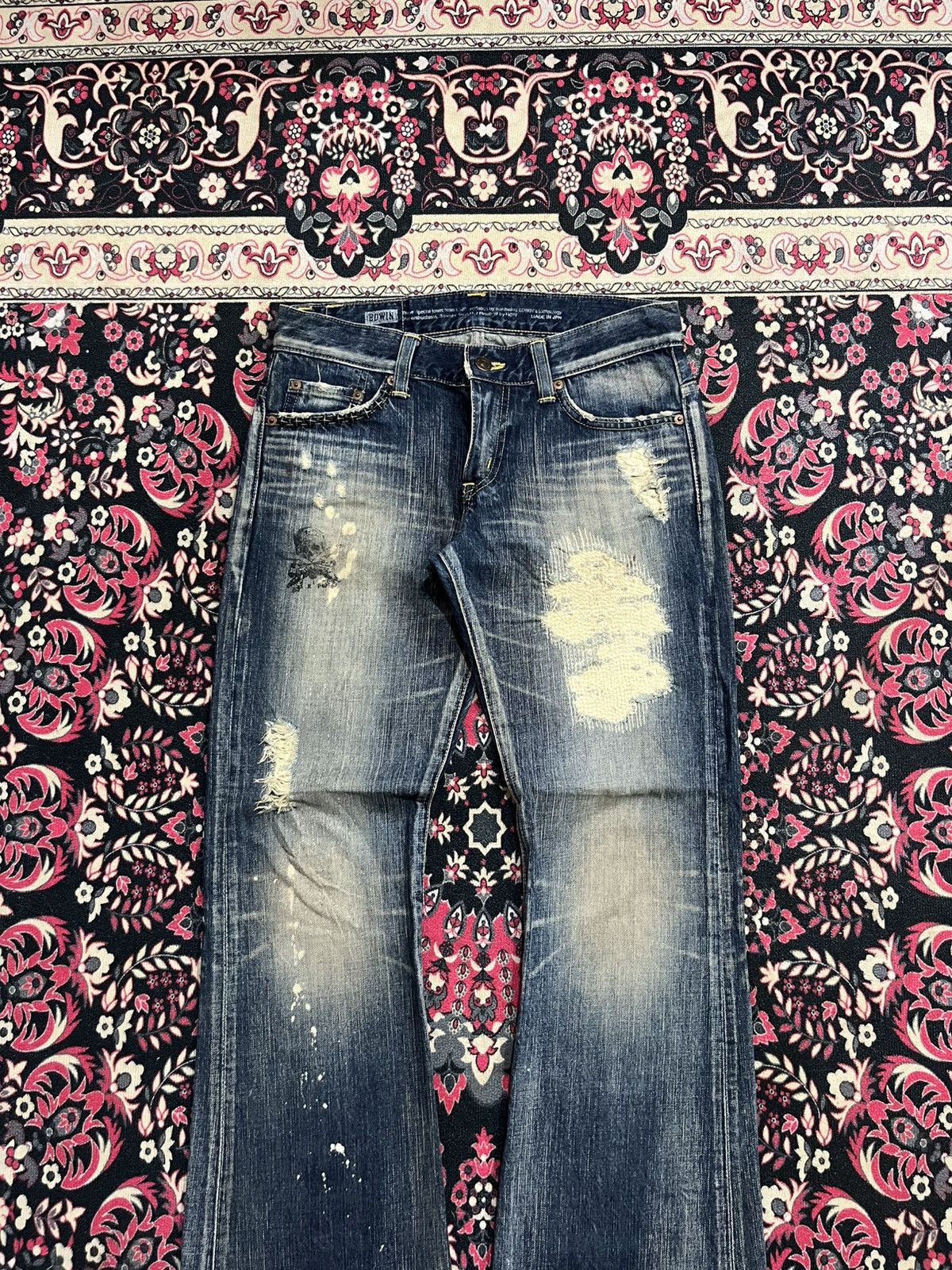 If Six Was Nine Edwin 503 Sashiko Pocket Studded Skull Painting Flare Jeans Size 28" / US 6 / IT 42 - 3 Thumbnail