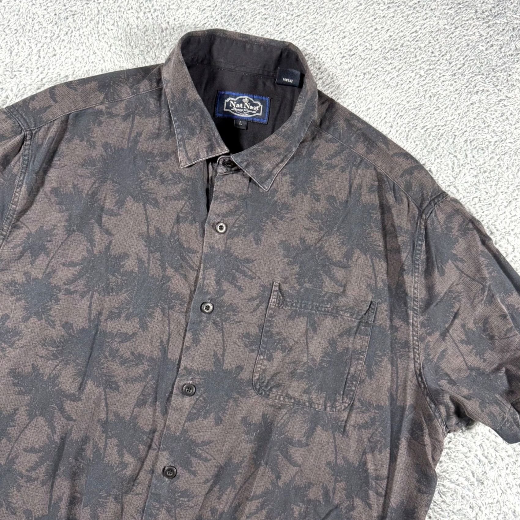 Nat Nast Nat Nast Button Up Shirt Mens Large Grey Silk Cotton Palm Tree Tropical S/S Size US L / EU 52-54 / 3 - 2 Thumbnail